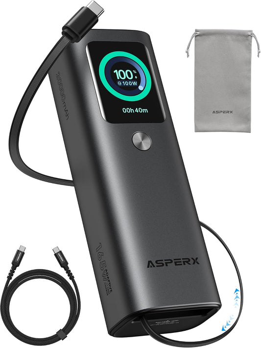 AsperX Laptop Power Bank, 165W 20,000mAh Retractable Cable Aluminum Unibody | TFT Display Portable Charger Power Bank, Battery Bank for MacBook Pro/Air/iPhone 17/iPad Pro/S25 Ultra/Dell/HP(TSA-Approved)