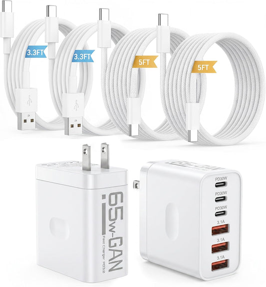 2 Pack 65W Multiport USB C Charging Block,6-Port Charger Station Wall Plug | PD QC 3.0 Fast Charging Power Adapter with Type C Usb A Cord,for iPhone 17 16 15 Samsgung Galaxy,Google Pixel,iPad,Air Pods