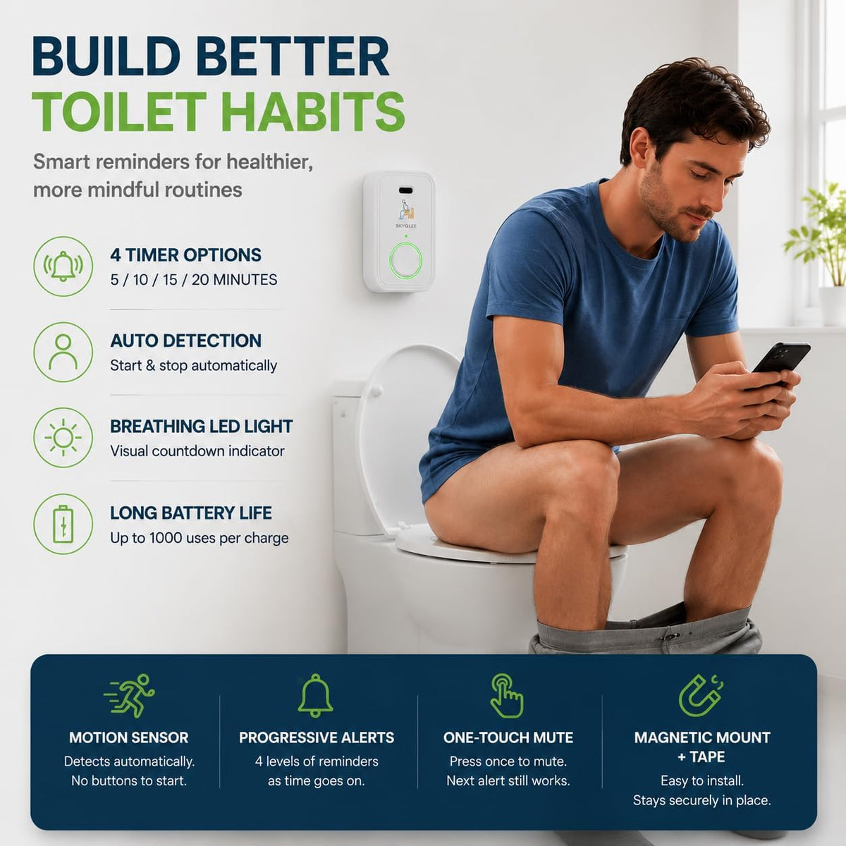 Automatic Toilet Timer with Motion Sensor, 5/10/15/20 min Reminder Alarm
