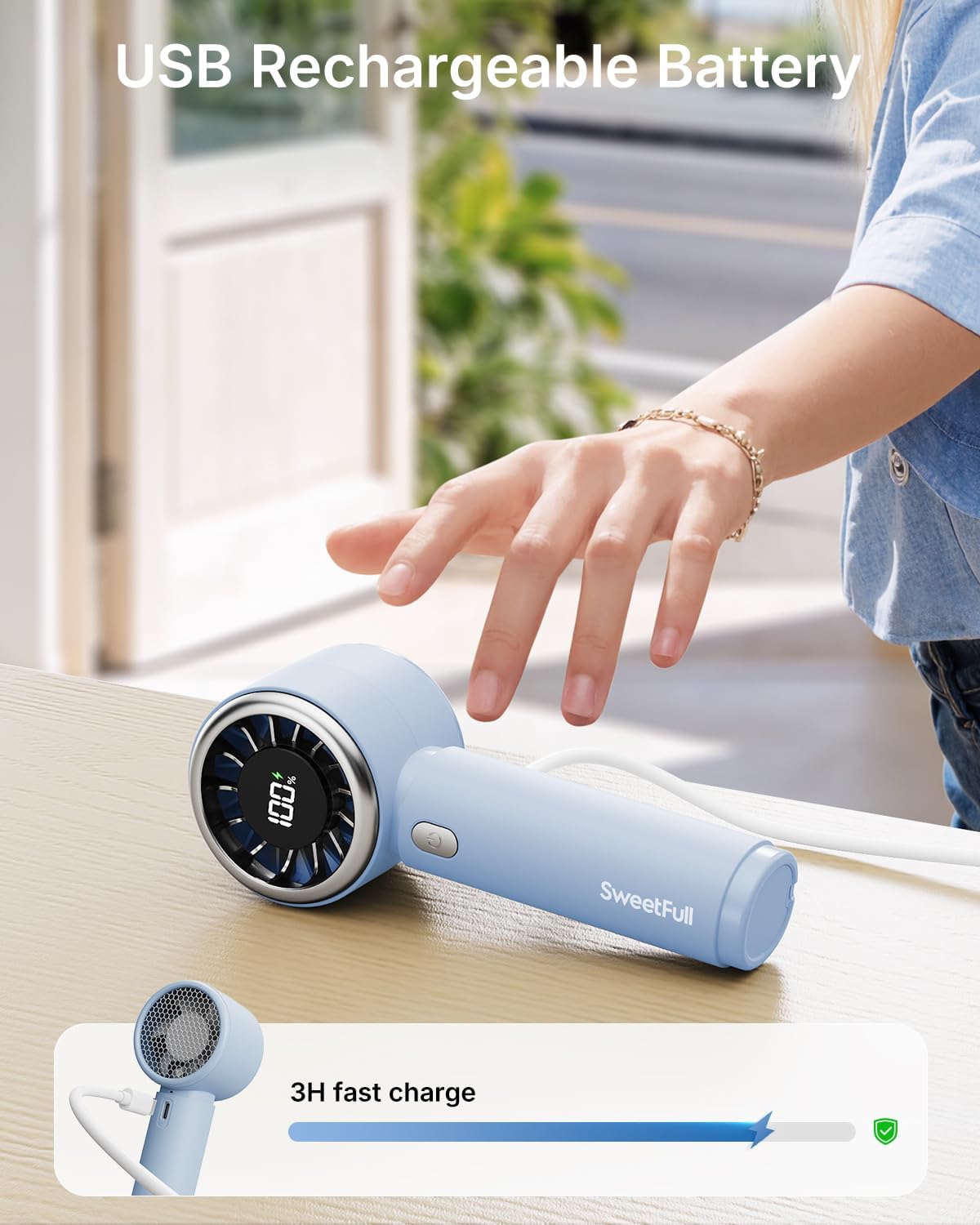 SWEETFULL Portable Handheld Fan, Mini Rechargeable Personal Hand Fan | Strong Airflow, Up to 12H, Pocket-Sized, 5 Speeds, Quiet Cooling Travel Essentials, Cute Gifts for Women, Girls, Lash, Makeup