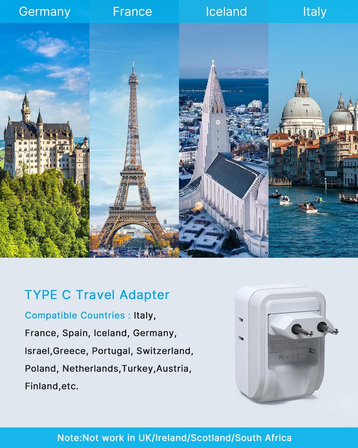 VINTAR 2 Pack European Travel Plug Adapter, 7 in 1 Type C Foldable Plug | 4 AC Outlets 3 USB Charging Ports(2 USB C), International Power Adapter for US to Most Europe EU Italy Spain France Iceland
