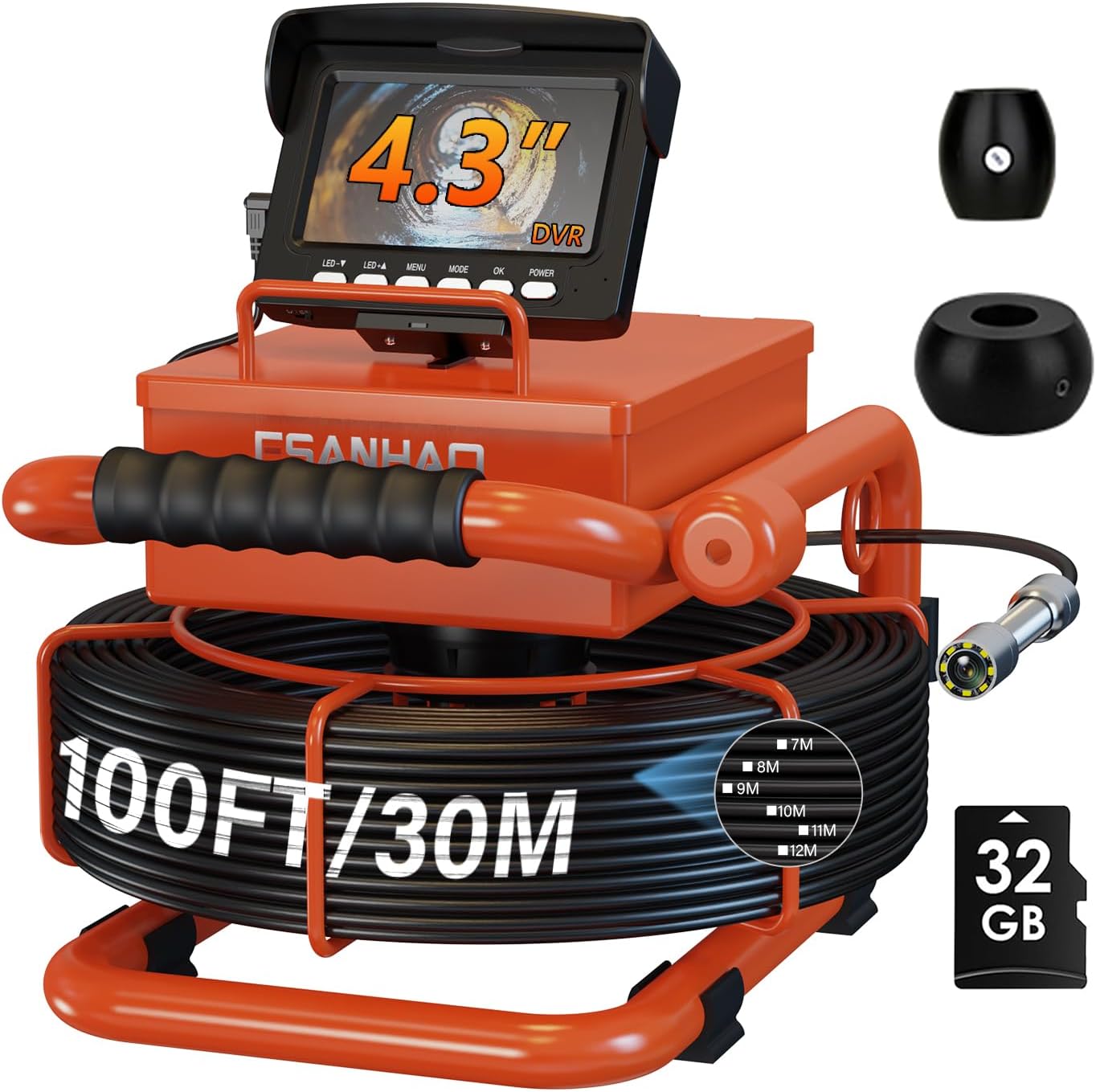 Sewer Camera 100FT/30M Borescopes Plumbing Snake Pipe Inspection Camera 22mm with 8500Mah Battery 4.3" IPS Screen 12 LEDs HD 1000TVL (22MM NO DVR Function)