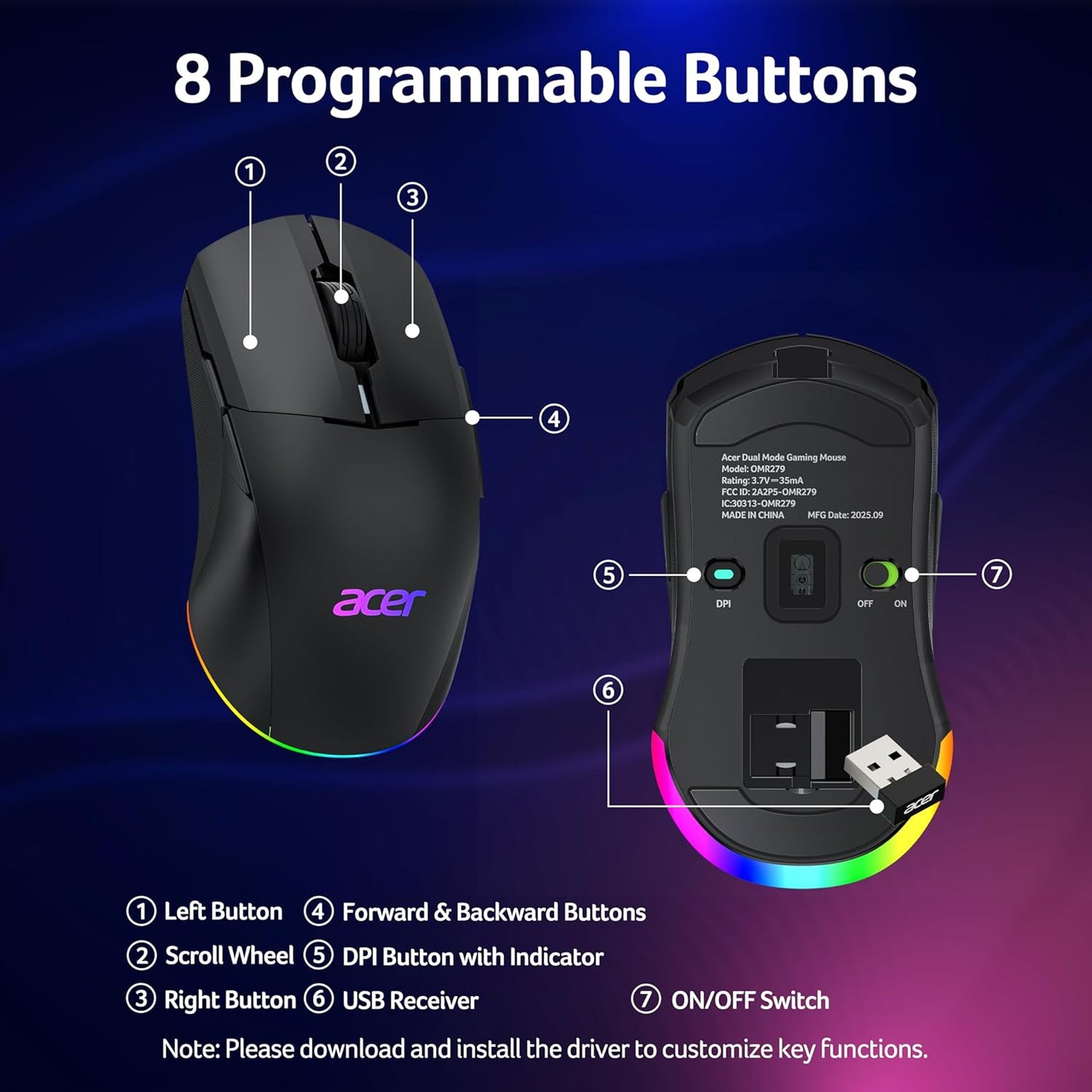 Acer Dual-Mode 2.4GHz Wireless &amp; Wired Computer Gaming Mouse for PC, Laptop | Left &amp; Right Handed Mouse with 24,000 DPI, 8 Programmable Buttons, Rechargable Gaming Mice, Long Battery Life, RGB Gamer