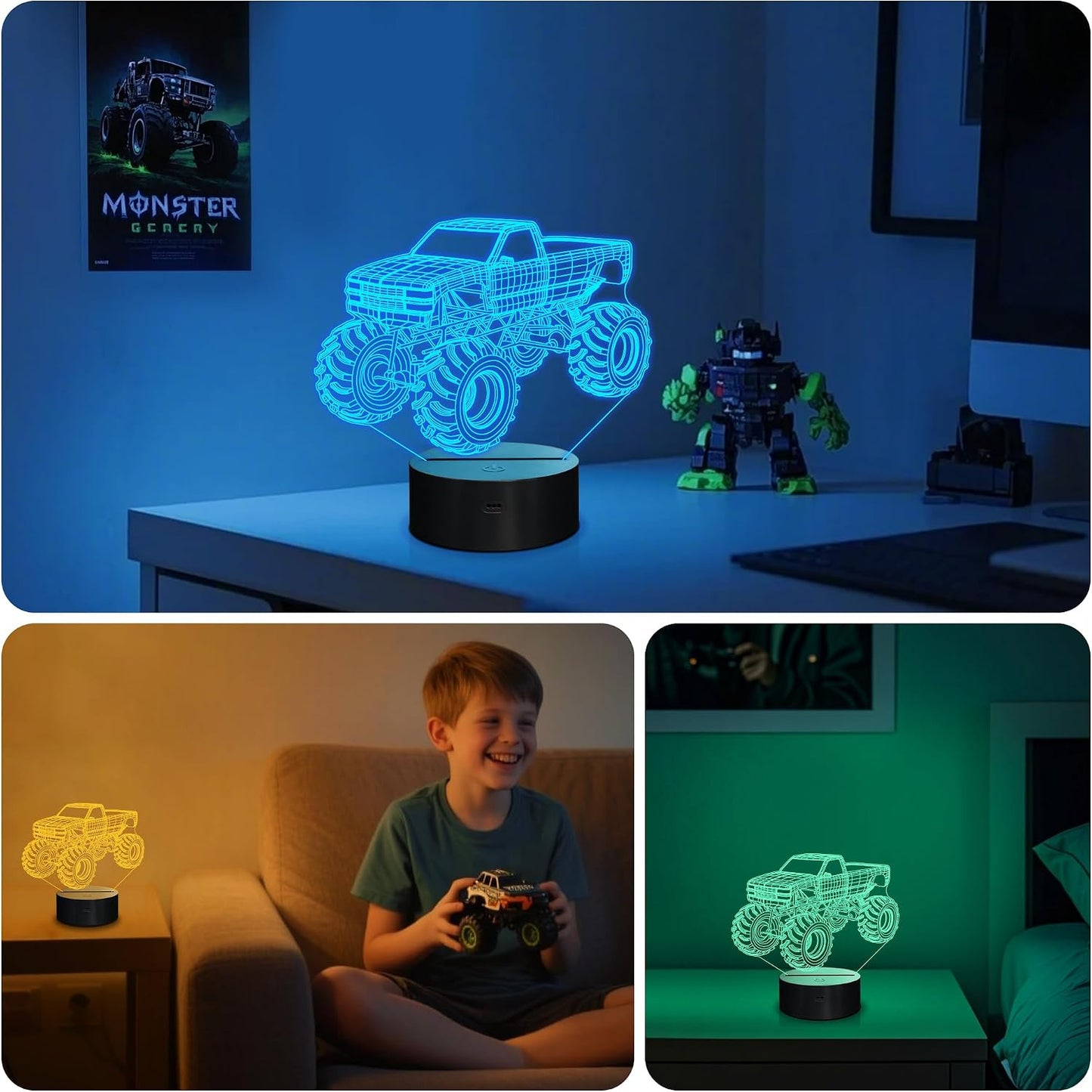 3D Night Lights for Children, Kids Night Lamp, Monster Trucks for Boys, 16 LED Colors Changing Lighting, Car Shape Acrylic Lighting Table Desk Bedroom Decoration, Ideas Birthday Xmas