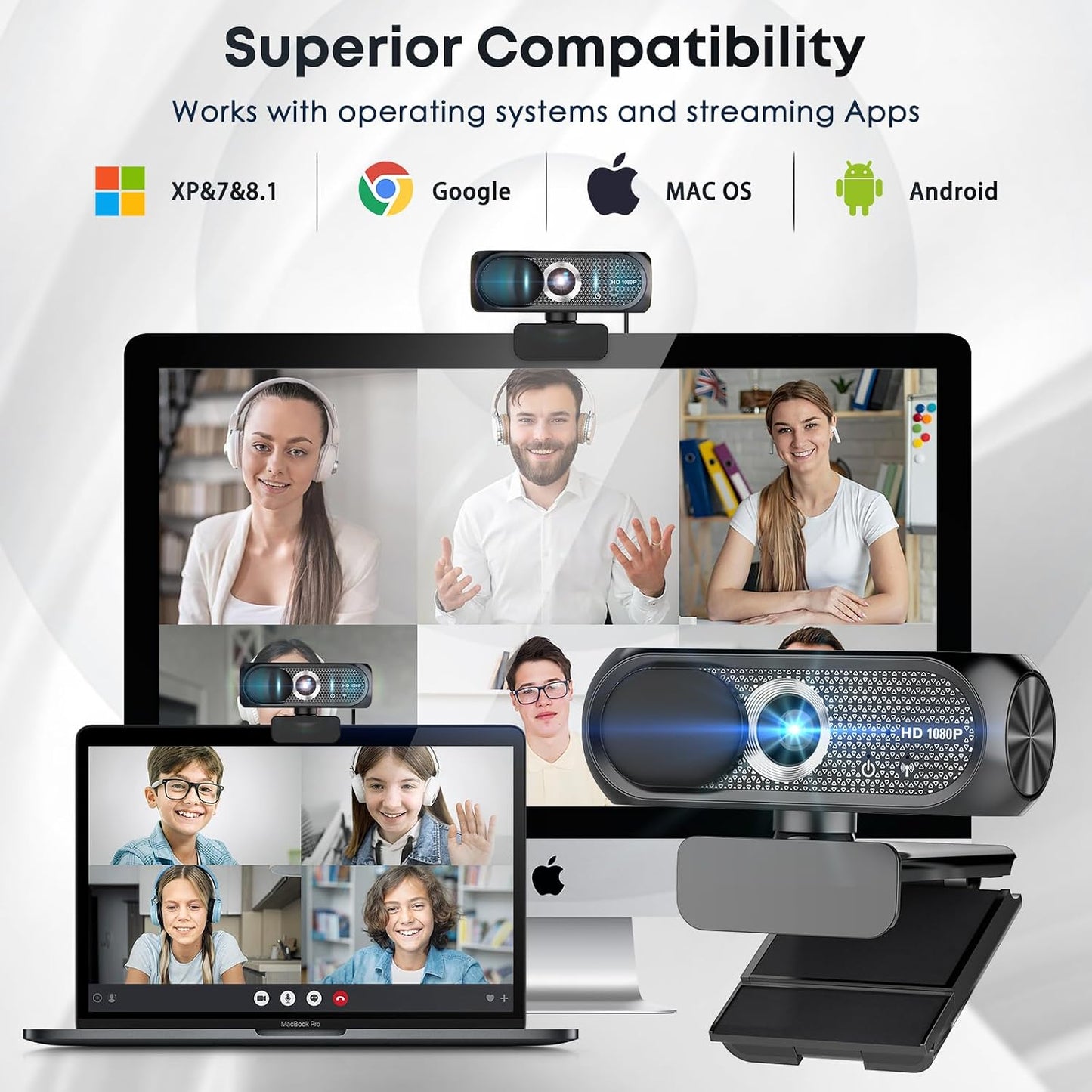 1080P HD Webcam with Microphone, Privacy Cover, Wide-Angle Lens, Plug & Play USB Webcam for Laptop, Desktop, PC, Mac, Zoom, Skype (Deep Black)