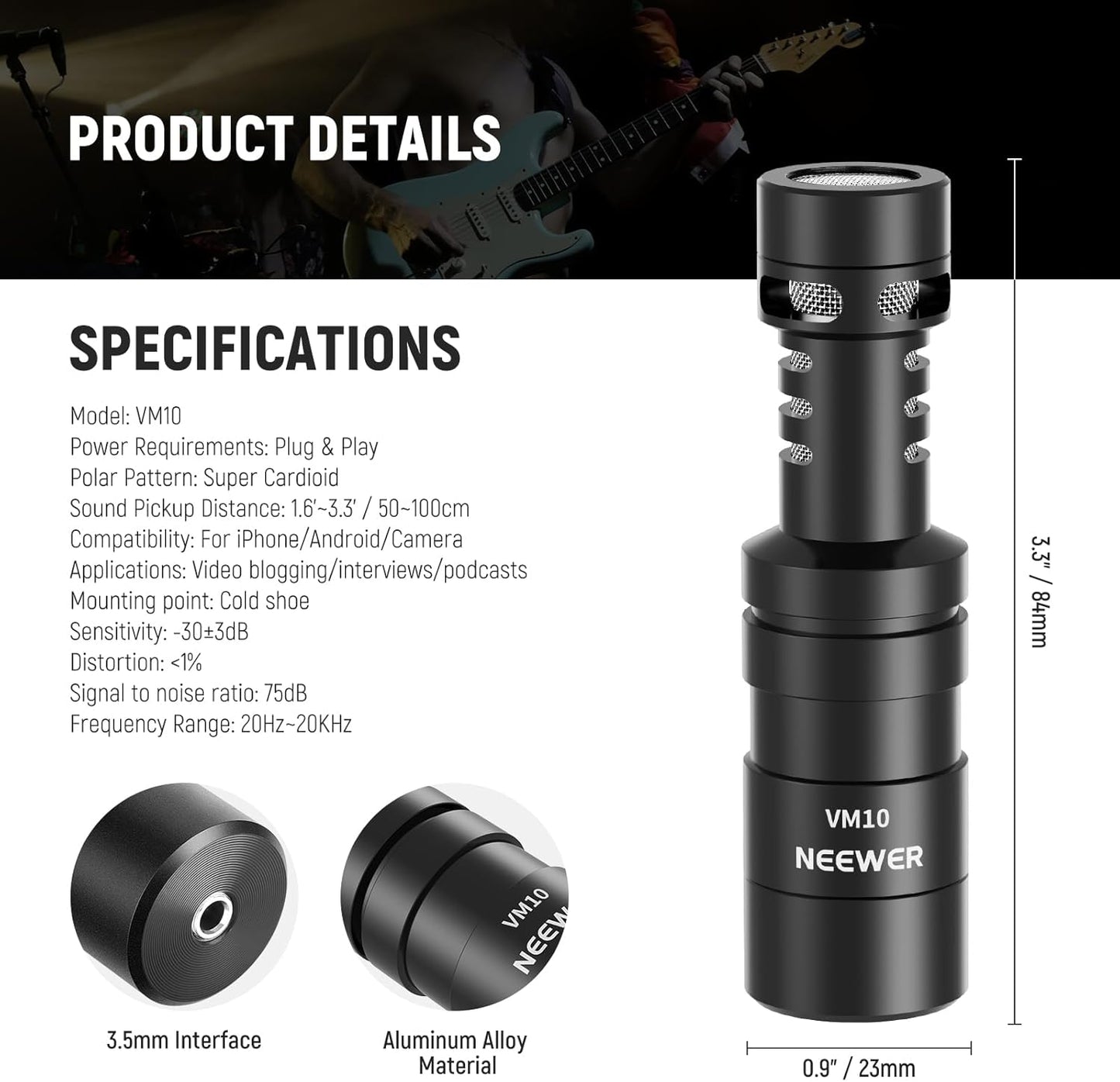 NEEWER Plug & Play Vlog Microphone for Camera, 20-20KHz Mini Supercardioid Mic Compatible with Sony Canon Nikon iPhone Samsung Android Tablet Mac with 3.5mm TRS USB C OTG Shock Mount Windscreen, VM10