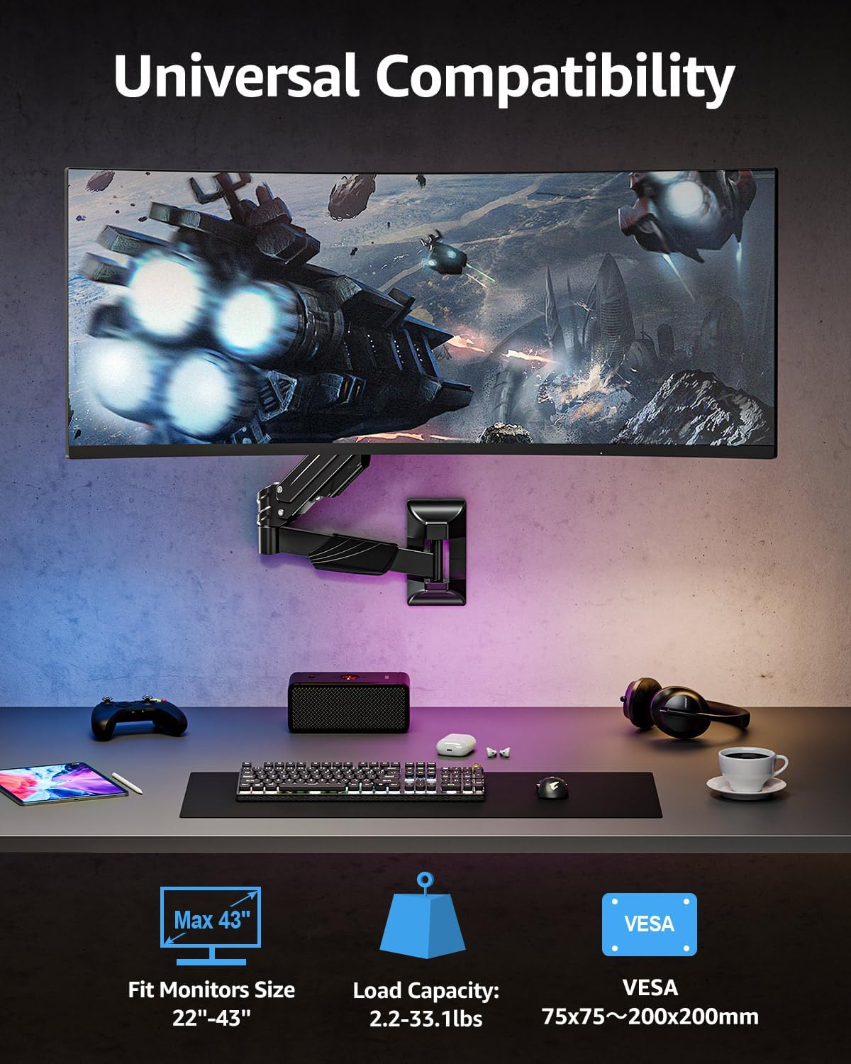MOUNTUP Monitor Wall Mount for 22-43 Inch Curved Screens, Holds 2.2 to 33.1 lbs, Ultrawide Computer Monitor Wall Mount, Heavy Duty Wall Monitors Arm, 75x75 mm to 200x200 mm Vesa Mounts