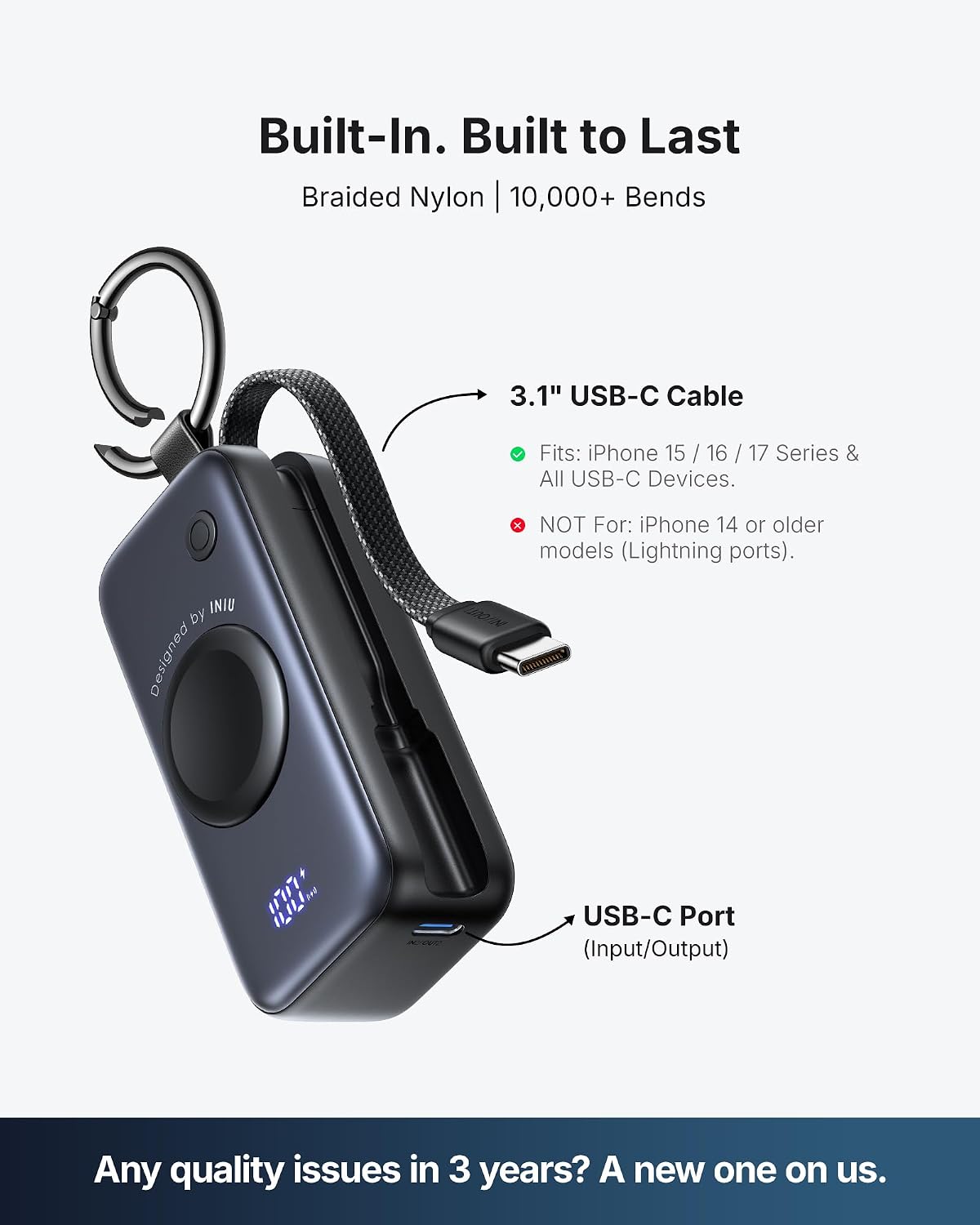 INIU 20W SnapGo Portable Charger, 5000mAh Mini Power Bank for Apple Watch | 20W Fast Charging, Travel Keychain, Built-in USB-C Cable, Flight-Safe, Battery Pack for Apple Watch, iPhone 17 etc