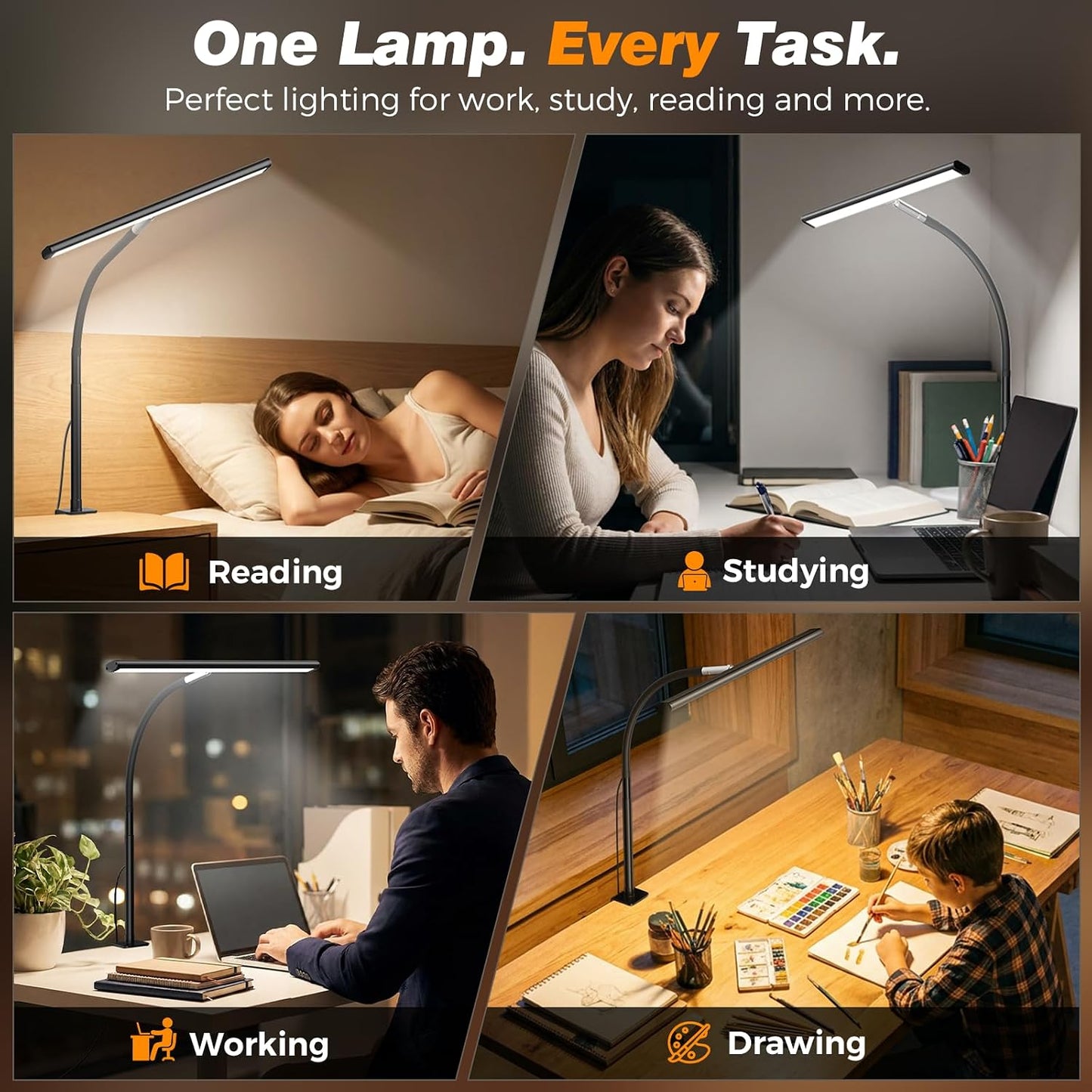 Airlonv LED Desk Lamp with Clamp, 17" Stepless Dimming Light, Black | 2700K-6500K, 100 LEDs, 360° Gooseneck, Fits Up to 30" Monitors, Flicker-Free Lighting for Home Office, Study& Workbench