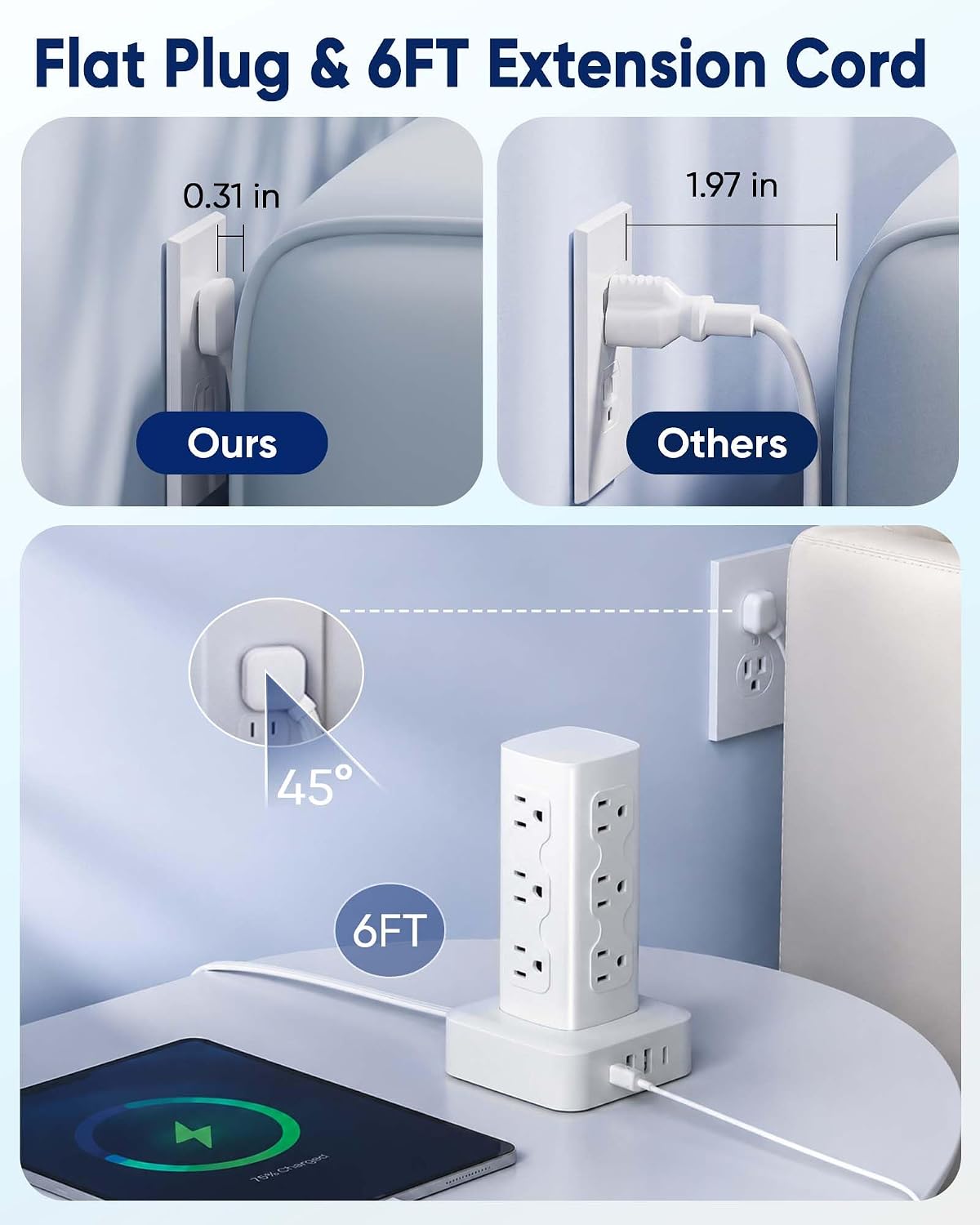 Power Strip Tower Surge Protector(2000J), Flat Plug Charging Station Tower with 12 AC Outlets & 4 USB Ports(2 USB C), 6FT Extension Cord for Home Office Dorm, White