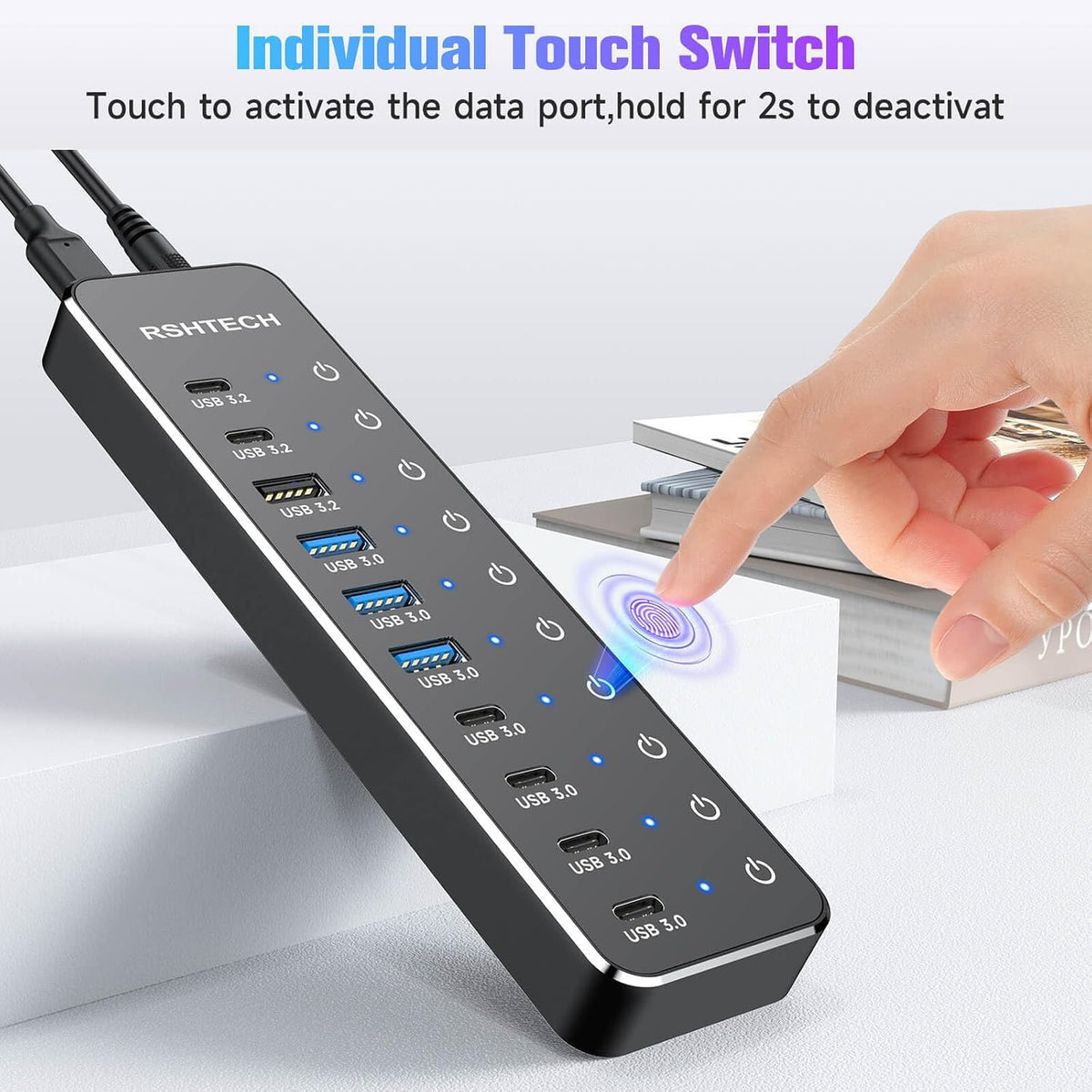 RSHTECH 10-Port Powered USB 3.2/USB C Data Hub Splitter 60W, RSH-ST10C-6