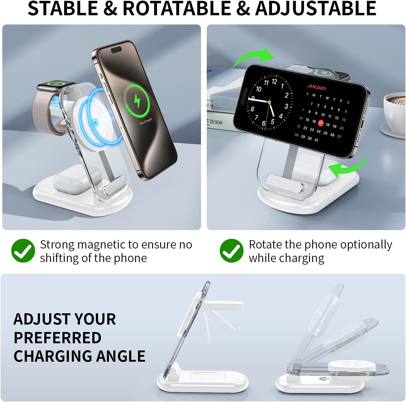 2026 Traveling Wireless Mag-Safe Fast Charging Station | Magnetic 3 in 1 Charger with Light for iPhone 17 16 15 14 13 12 Pro Max Plus,Apple Watch& Air pods 4 3 2 Pro(White)