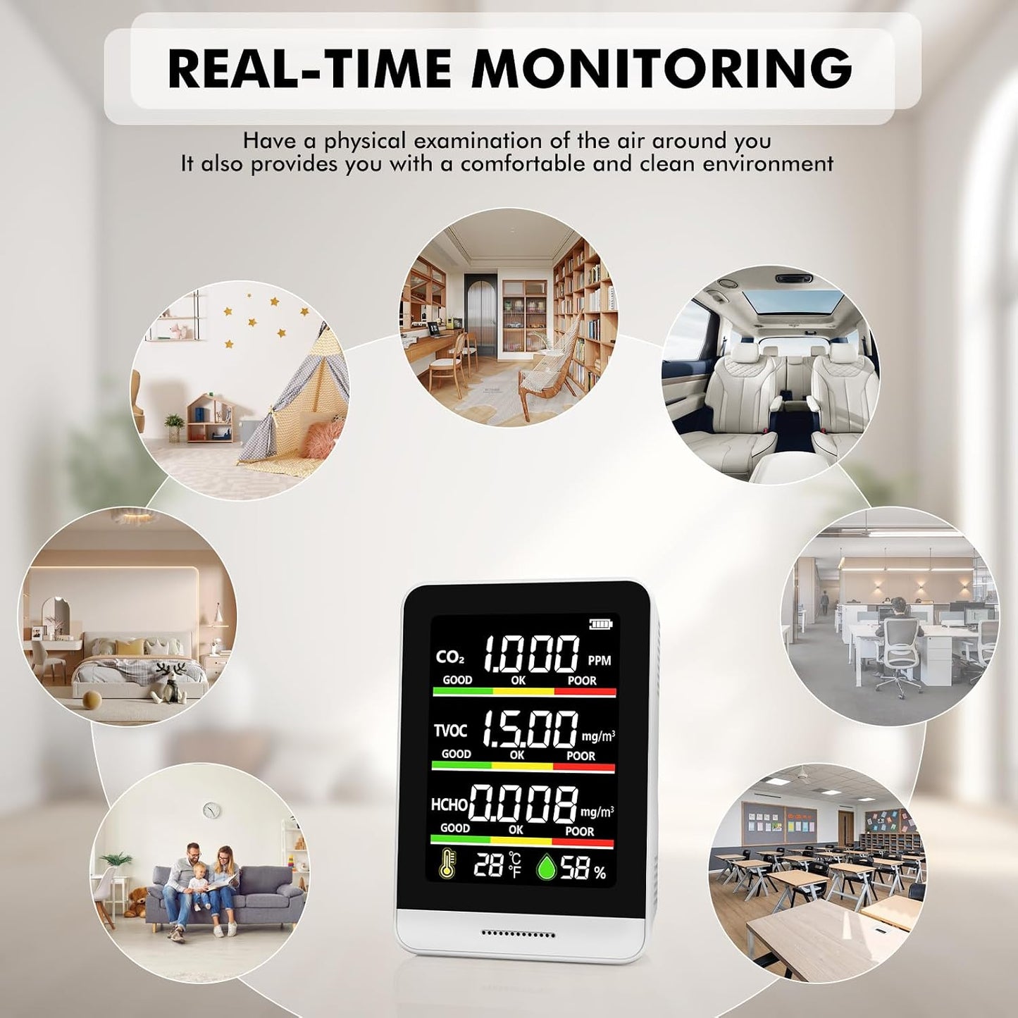 22 HOBBIES Air Quality Monitor Indoor,8-in-1 Smart Air Quality Tester with CO2, TVOC, HCHO, AQI, Temperature & Humidity, Real Time Display, Battery Powered, for Home & Office(White)