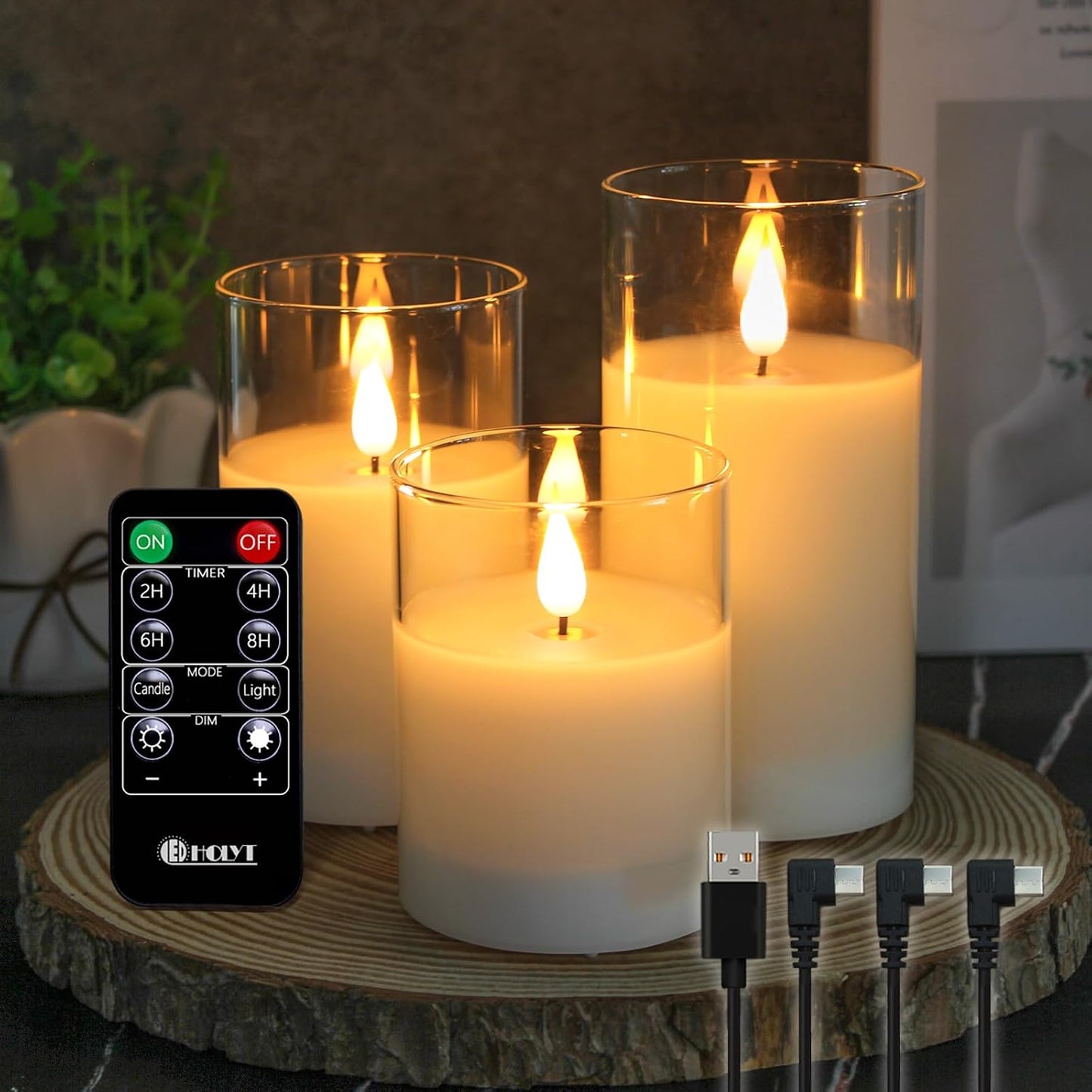 Glass Rechargeable LED Flickering Flameless Candles with Remote and Timer | Fake Candles Flickering Warm LED Flame for Centerpiece Table Decorations, Halloween, Christmas & Home Fall Decor (Pack of 3)