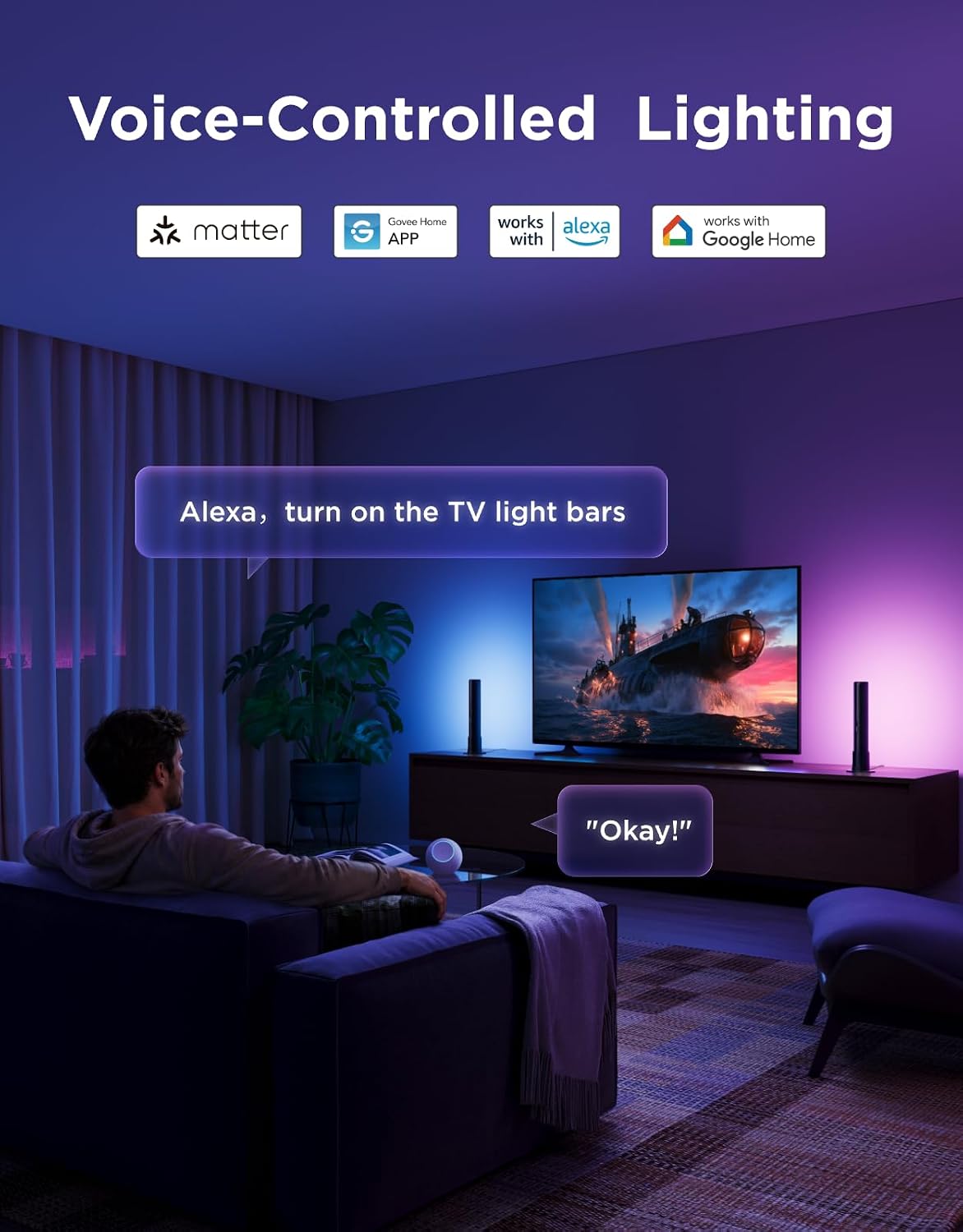 Govee Smart Light Bar, RGBICWW TV Lights for Living Room, Gaming, Black | Compatible with SmartThings, Matter, Alexa, LED Light Bar with Scene and Music Modes for Living Room, Gaming, PC, App Control