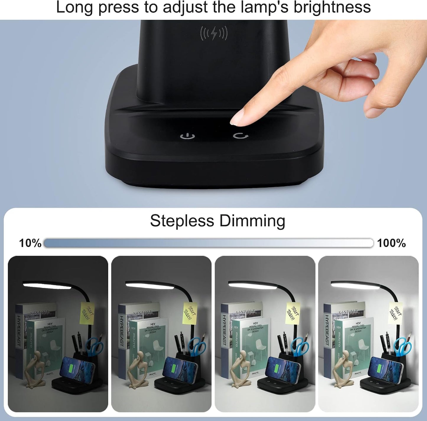 LED Desk Lamp with 10W Wireless Charging & Pen Holder, Black | CRI 95, 800LM, Stepless Dimming, 3 Modes, 360°Flexible Arm, Touch, Study Table Lamp for Home Office, Dorm Room, with Adapter