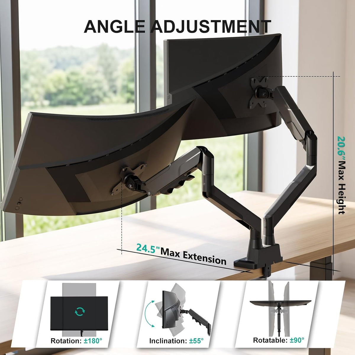 WALI Longer Dual Monitor Arm for 13-43 inch Curved Screens, 33 lbs per Arm