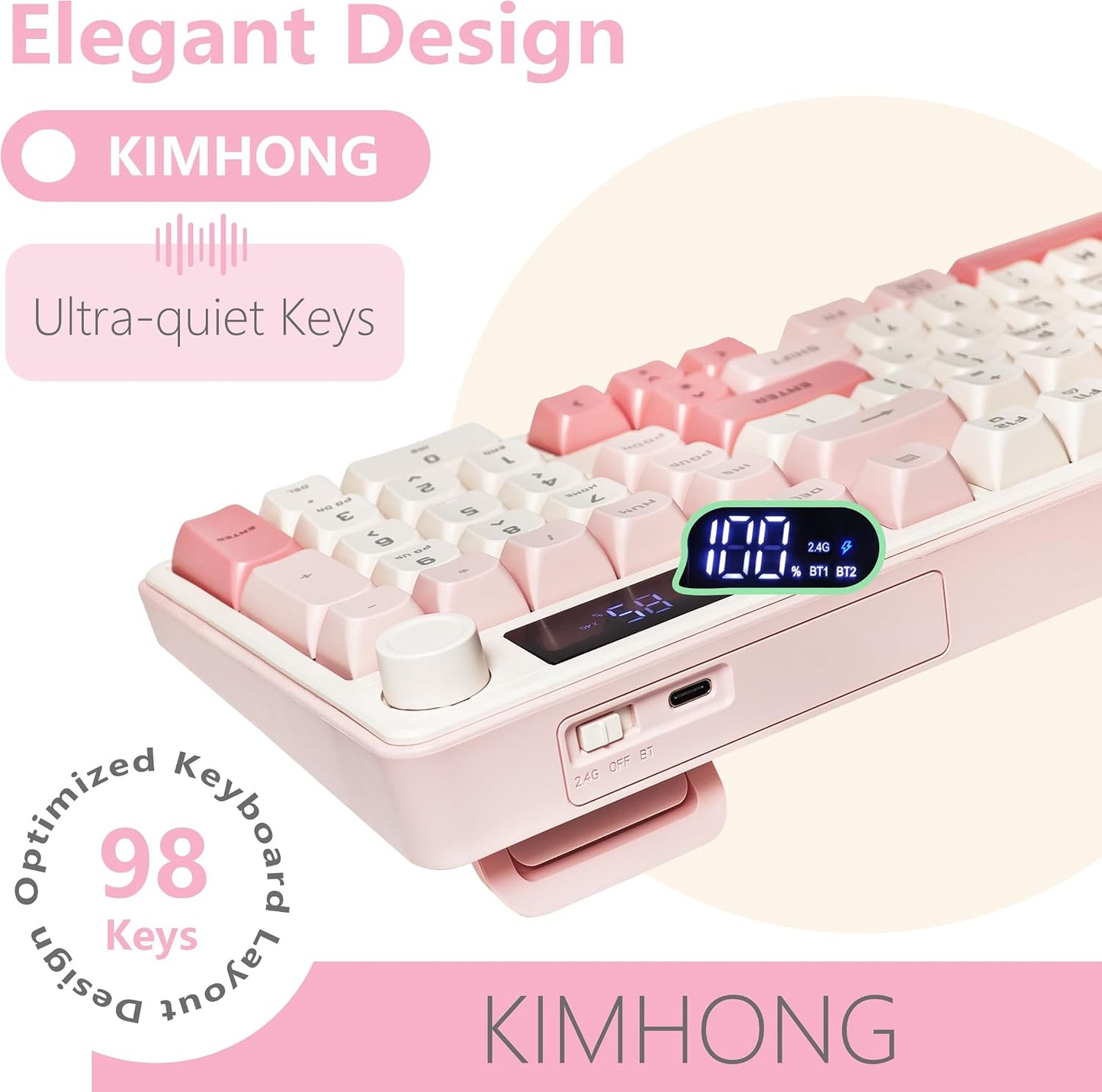 KimHong Wireless Keyboard, Quiet Keyboard for Work, Creamy Keyboard with Number Pad, RGB Gaming Keyboard, Tri-Mode BT5.0/2.4GHz/USB-C, 98 Keys, for PC, Mac, Gaming Console