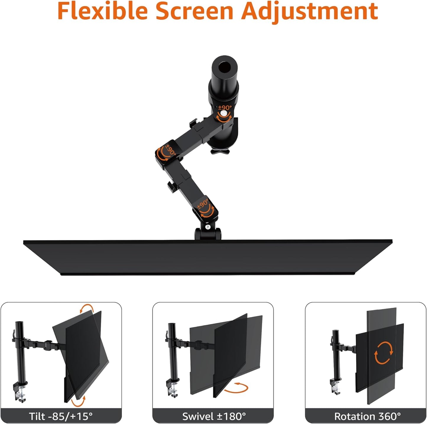 Amazon Basics Single Computer Monitor Stand with Cable Management, Height Adjustable VESA Desk Arm Mount, Fully Adjustable Tilt and Rotation, Steel, Black, Fits 13-30" Screens