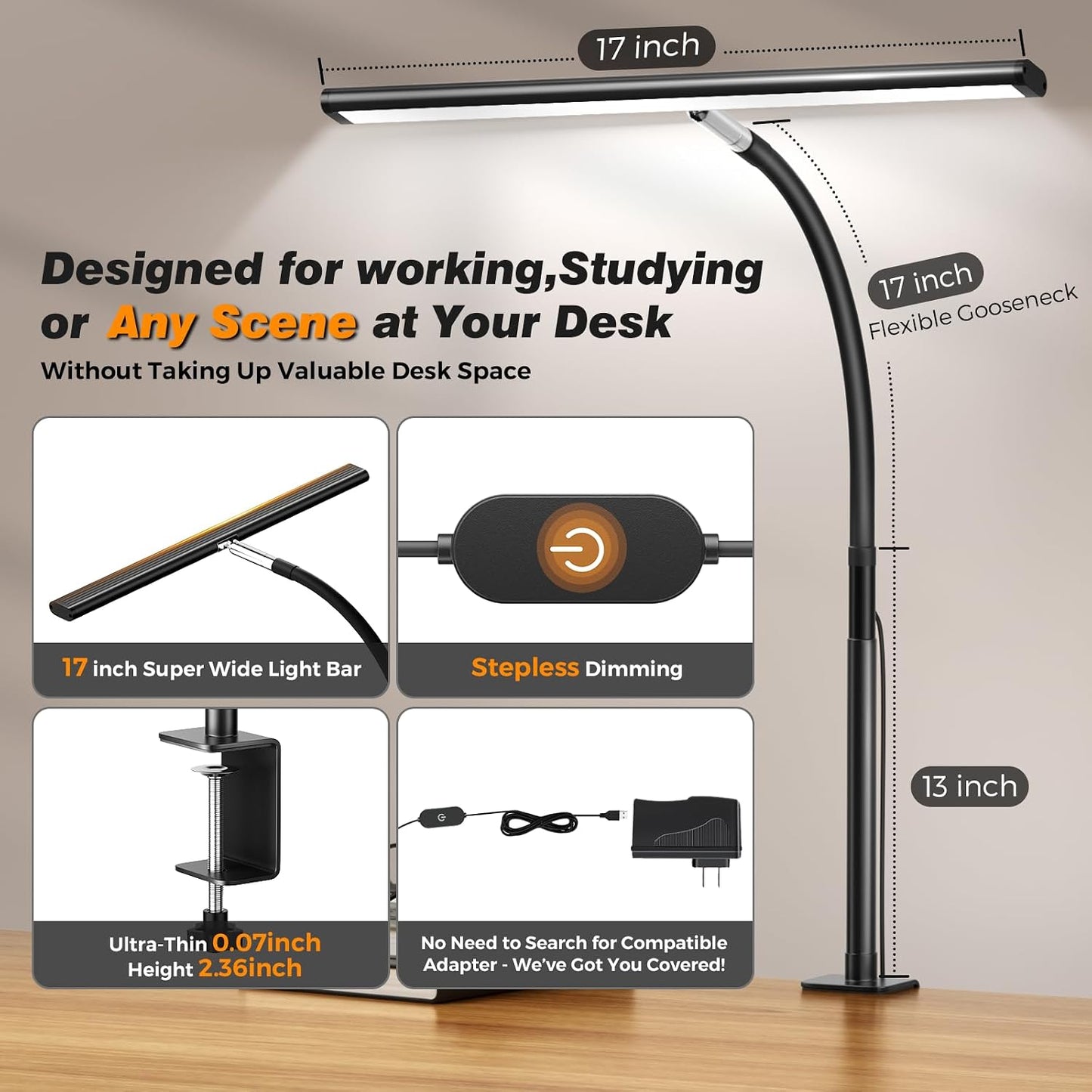 Airlonv LED Desk Lamp with Clamp, 17" Stepless Dimming Light, Black | 2700K-6500K, 100 LEDs, 360° Gooseneck, Fits Up to 30" Monitors, Flicker-Free Lighting for Home Office, Study& Workbench