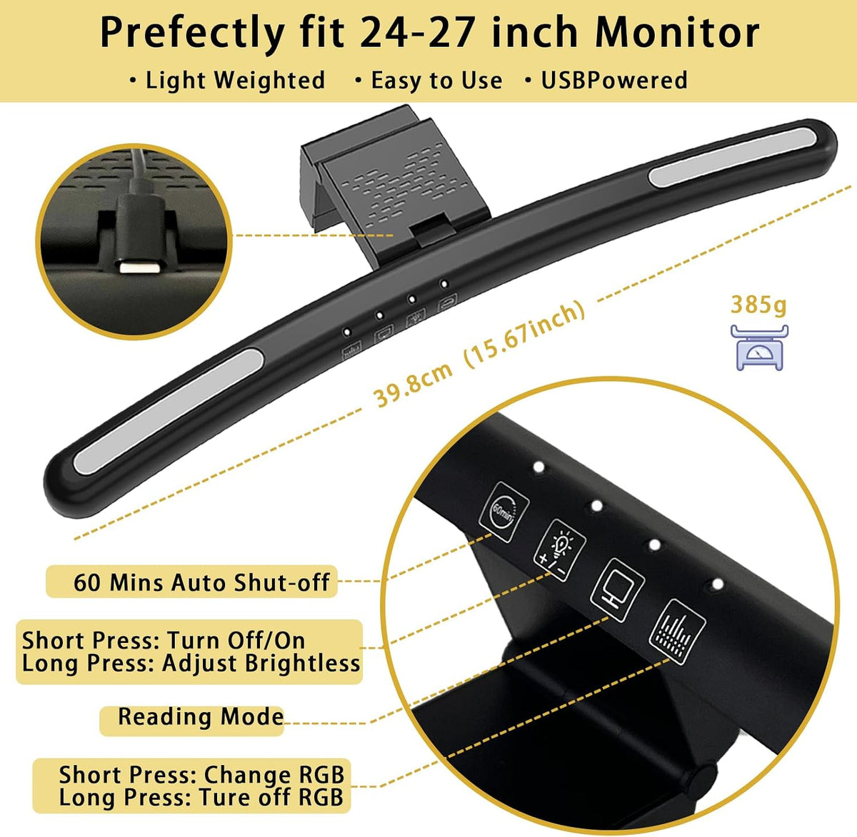 Curved Monitor Light Bar with 7 RGB for 24-27 Inch Screen, Stepless Dim