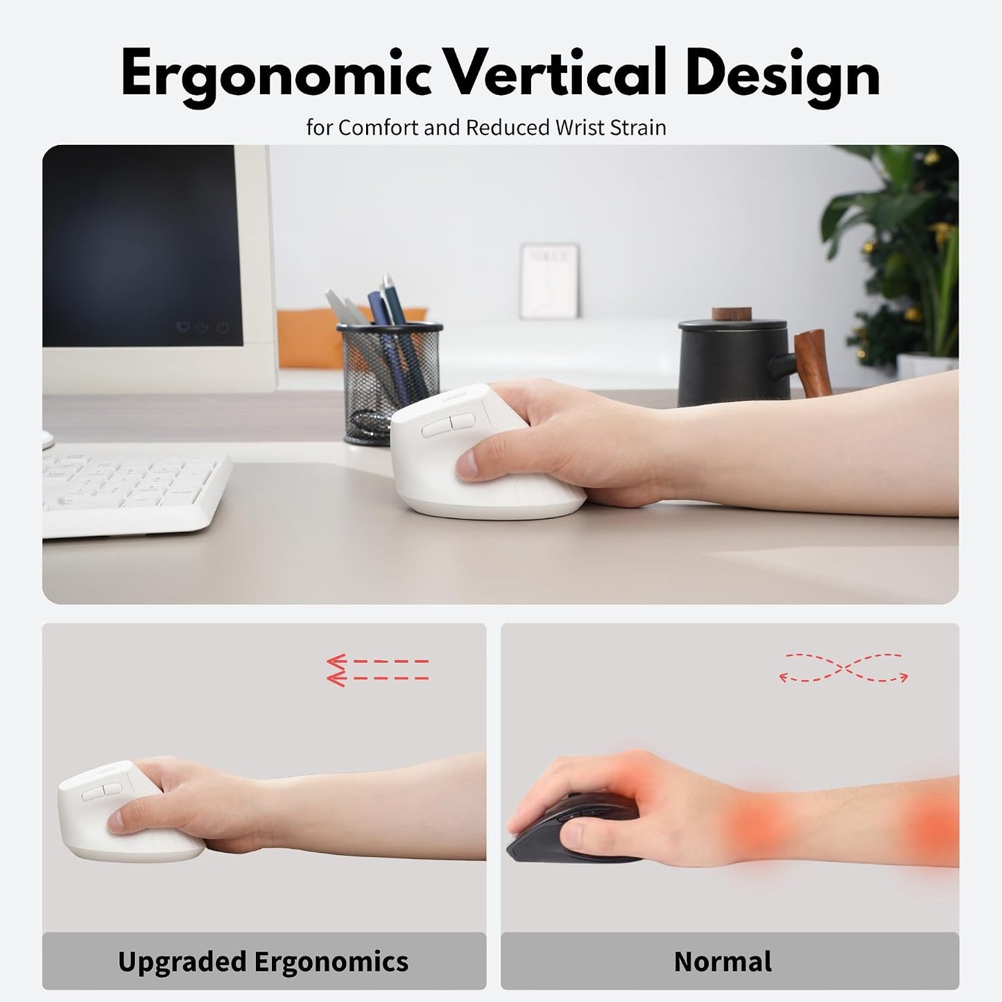 Uineer Vertical Ergonomic Mouse, Wireless Bluetooth Mouse, 3-Device,Quiet | Switch among 3 devices; side scroll wheel supports horizontal navigation for documents and spreadsheets.