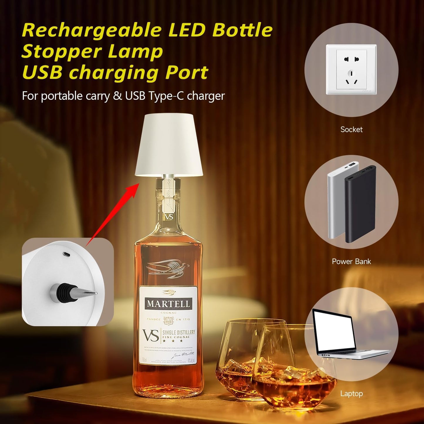 2025 New Wireless Bottle Lamp - LED Bottle Lights for Liquor & Wine Bottles, Cordless Lampshade, Whiskey Bottle Top Light, Bottle Stopper Night Light Kit, Rechargeable 3-Tone Touch-Dimmable 2 PCS