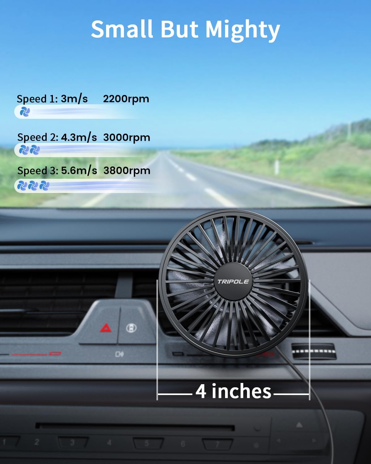 TriPole Car Fan USB Powered, 360°Rotation Portable Cooling Fan for Car Vent | 3-Speed USB Car Fan, Vent Clip Design, Powerful Wind, Quiet Brushless Motor, Air Circulation for Vehicle, Van, Truck, SUV, RV