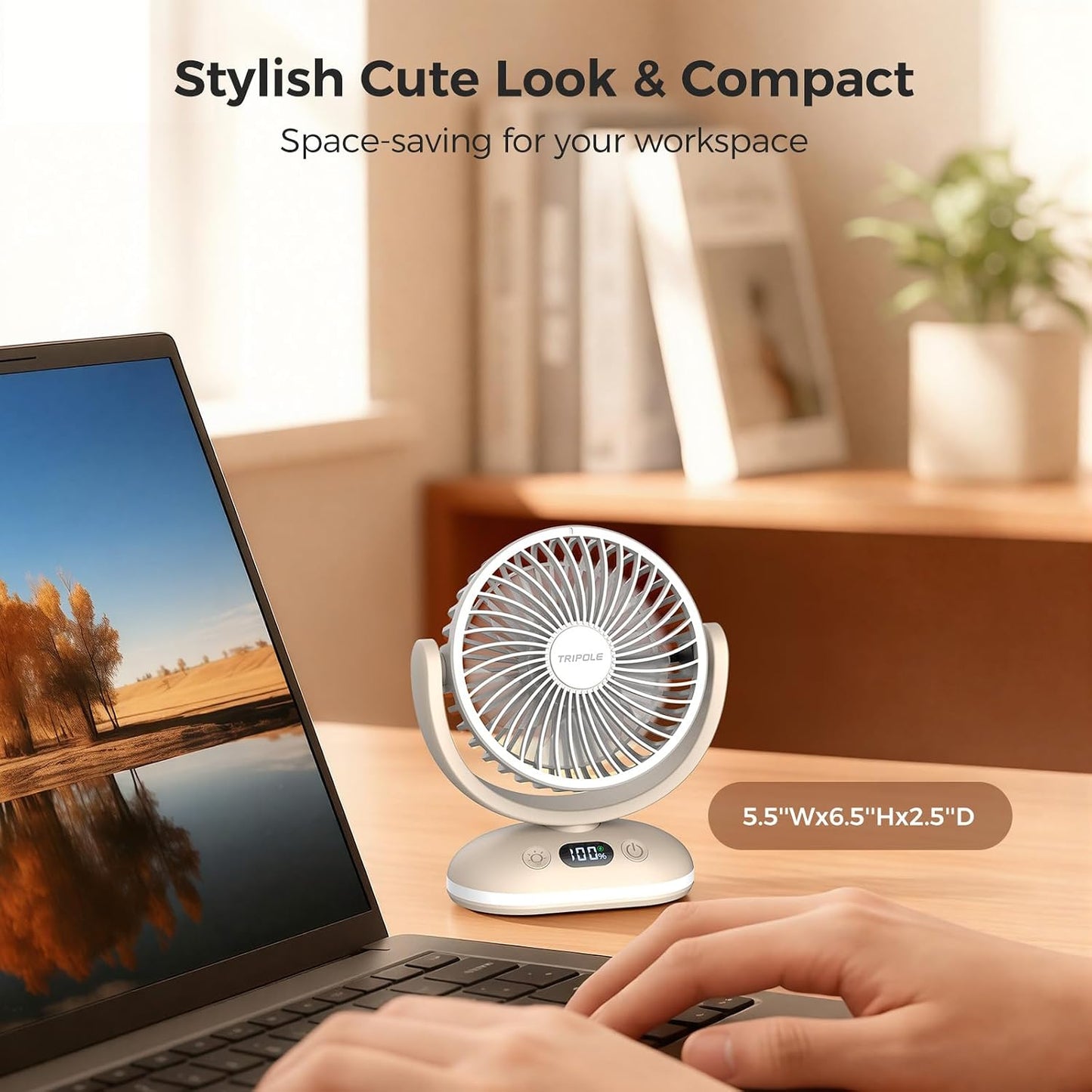 TriPole Desk Fan Small Quiet, Rechargeable Mini Portable Fan with LED Light | 31H Runtime, Digital Display, Night Light, 4 Speeds, Battery Operated Fan for Bedroom Sleeping Office Travel Camping Cruise
