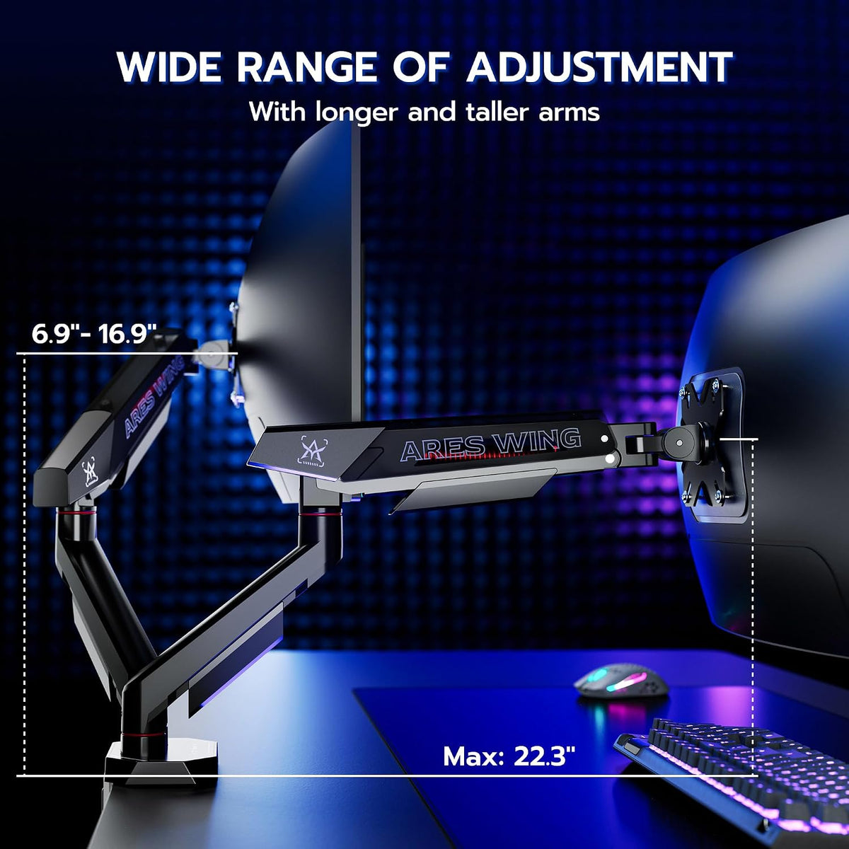 ARES WING Dual Monitor Arm for 17-35 Inch Flat Curved Screens, Black