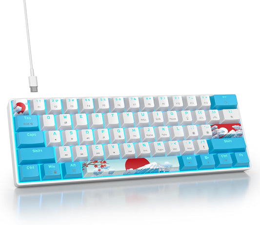60% Mechanical Keyboard Blue and White, Compact 60 Percent Gaming Keyboard RGB Backlit, 61 Keys Mini Keyboard, USB Wired Office Keyboard for Windows Mac Laptop PC (61 Sea/Red Switches)