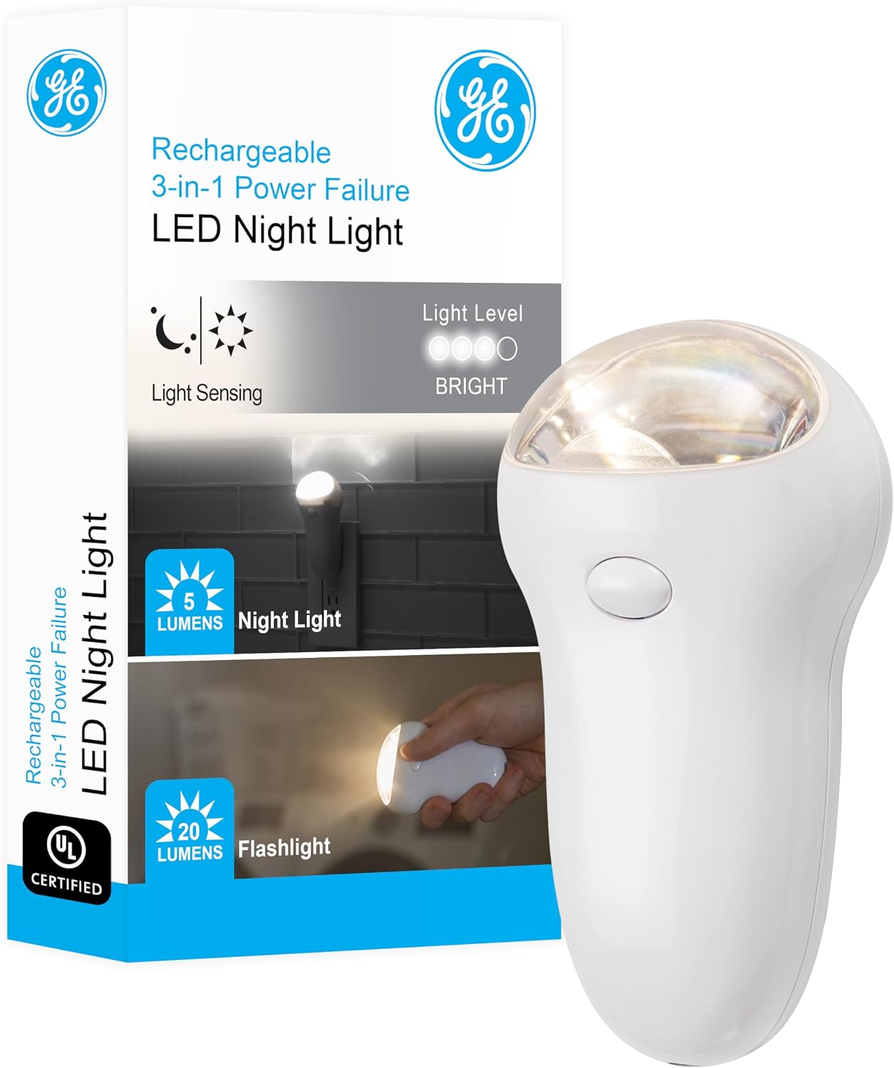 GE 3-in-1 LED Power Failure Nighlight Emergency Flashlight Soft White Night Light Plug Into Wall Rechargeable Dusk to Dawn Auto On/Off Hurricane Storm Tornado 11281