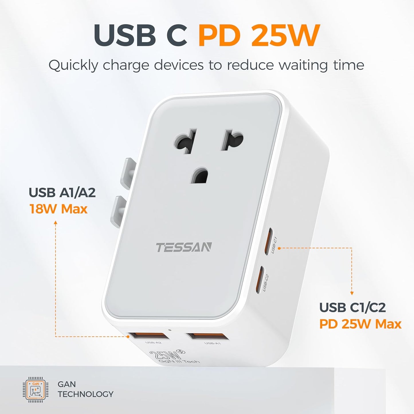 TESSAN Universal Travel Adapter PD 25W, Ultra Thin International adapter | Fast Charger, Worldwide Plug Adaptor 2 USB A 2 USB C for US to European UK Australia Ireland, Type C G A I