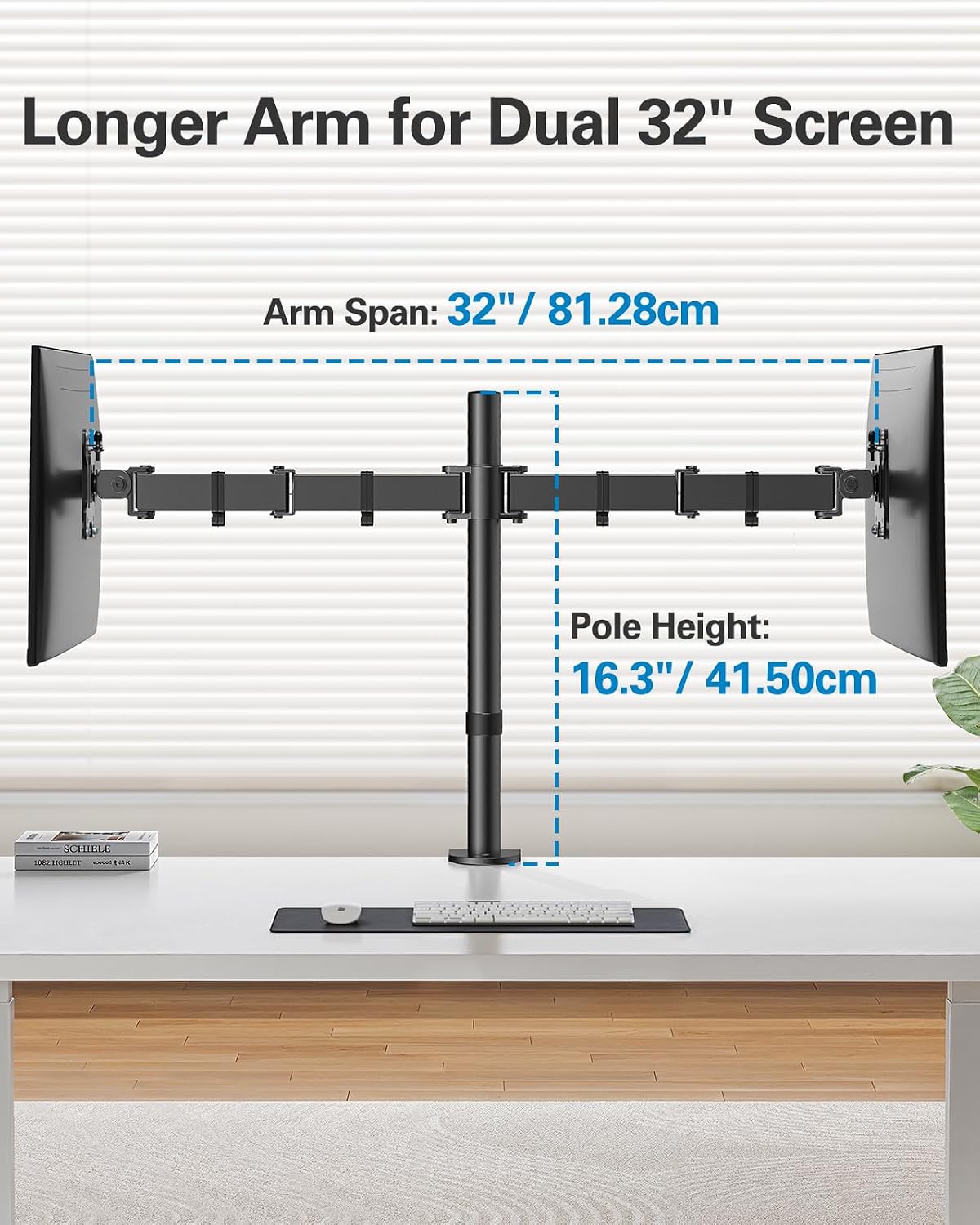 HUANUO Dual Monitor Mount for 13-32 Inch Screens, 17.6 lbs per Arm | Dual screen setup, tilt, swivel, rotation, 16.3 inch pole, cable clips, C-clamp or grommet, VESA 75x75/100x100mm