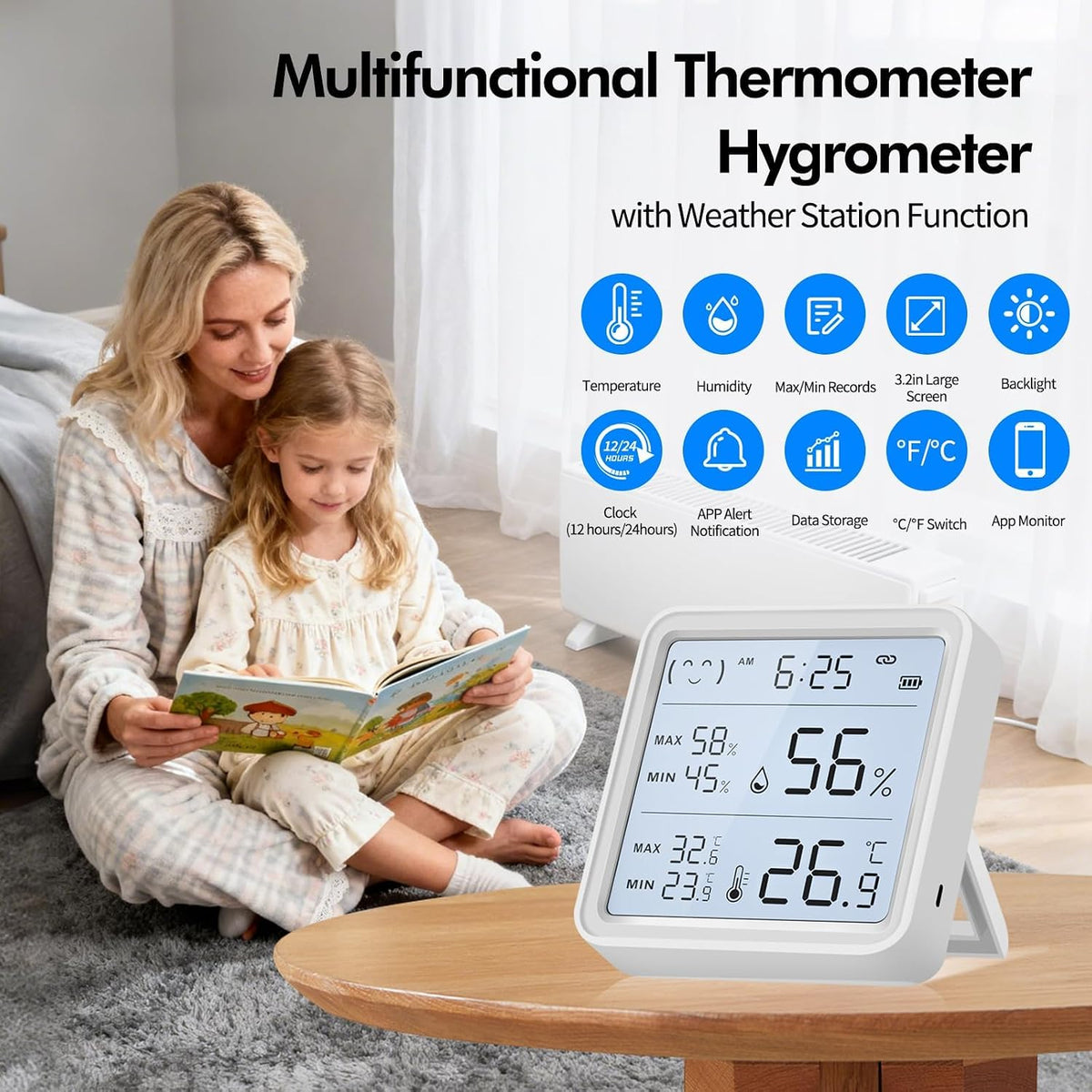 eMylo WiFi Thermometer Hygrometer with App Alerts, 3.2” Backlit Display | Smart Wireless Indoor Temperature Humidity Remote Monitor, Alexa Google Compatible, Data Export for Home Greenhouse Bedroom