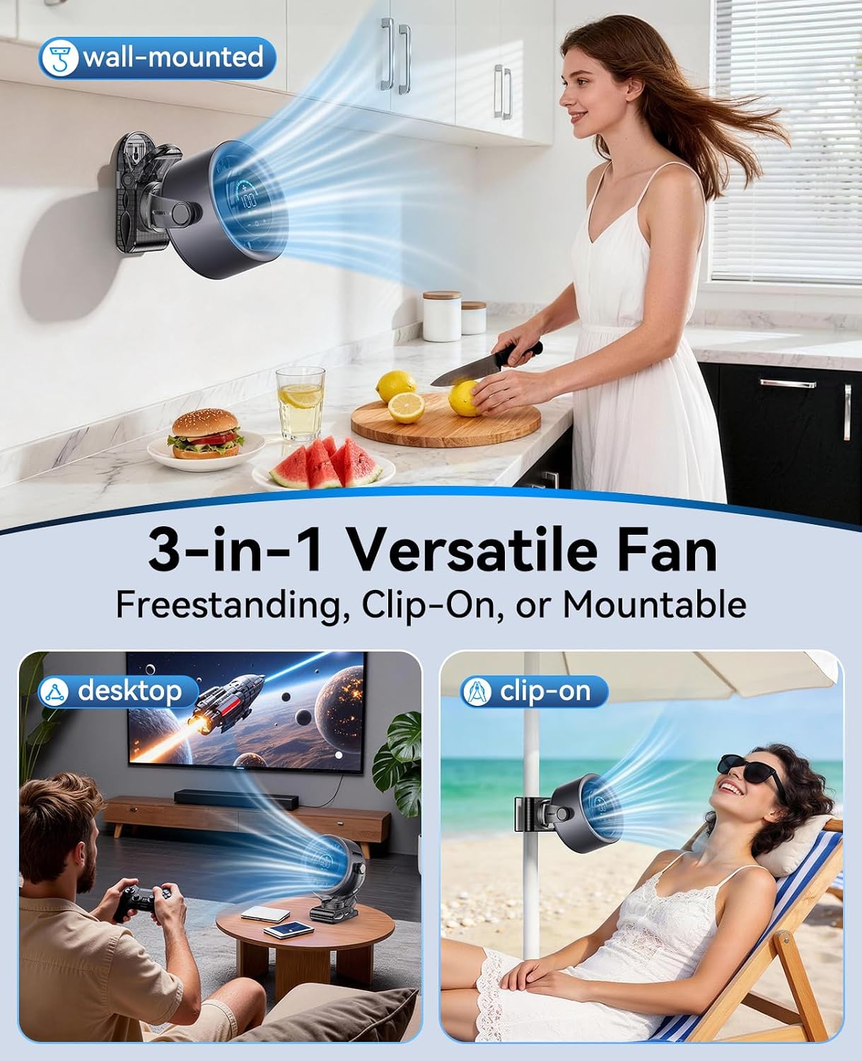 KIMMOO 4000mAh Rechargeable Portable Clip on Fan-100-Speed Touch Control, LED Display, 360° Rotate Quiet Turbo Desk Fan, Small Battery Operated USB Fan for Stroller Bed Travel Camping Golf Gym (Black)