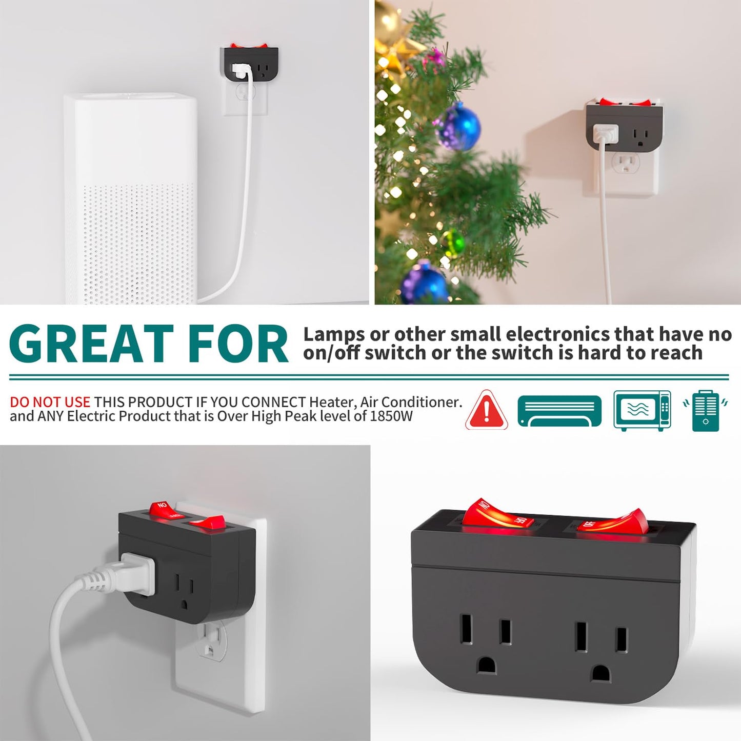 3Pack - POWAWINI Grounded Outlet with Double On Off Switch, Two Port Electrical Outlet Plug Switch, Wall Tap Adapter with Daul Red Indicator, 1875W,15A, ETL Listed (Black)