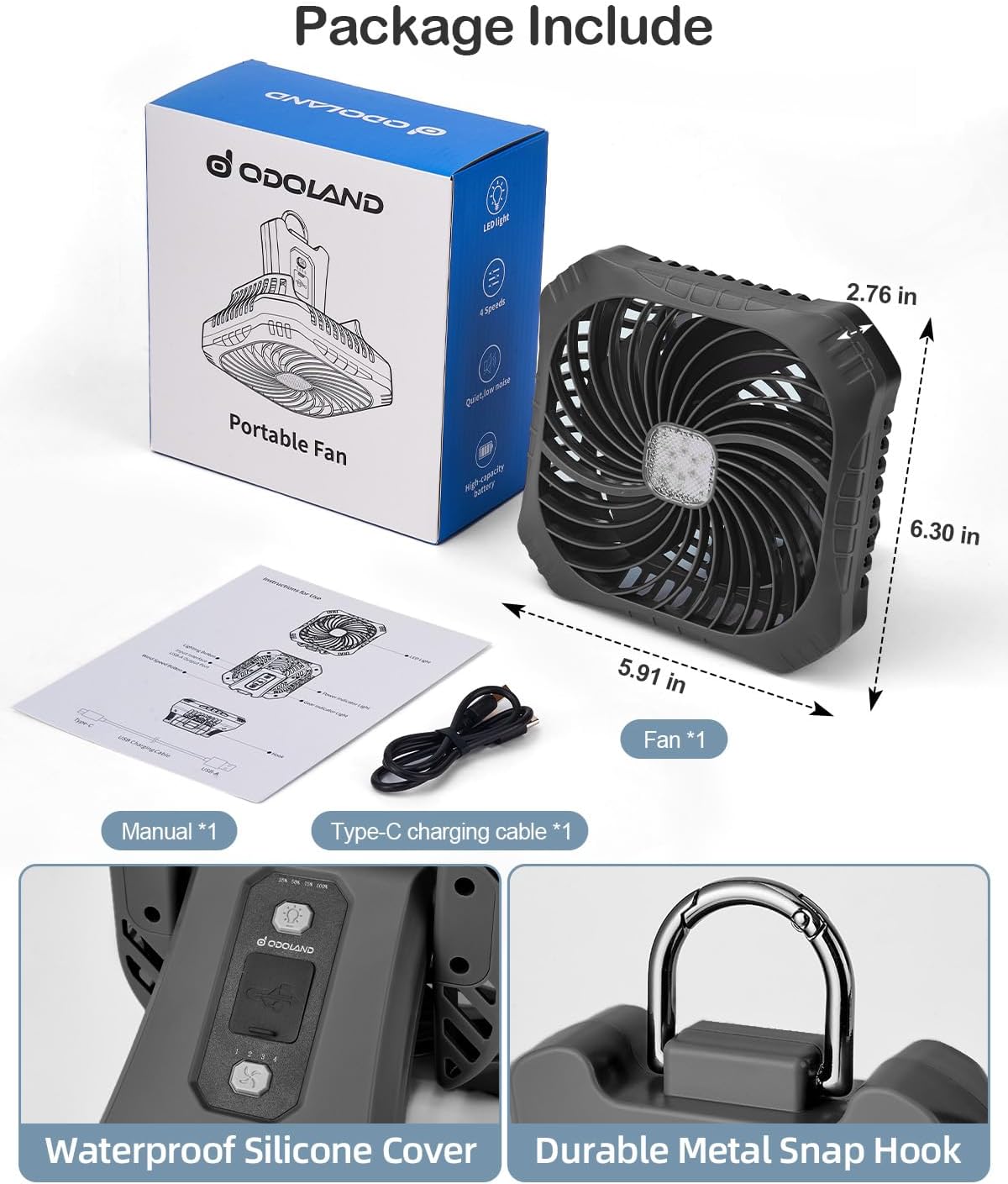 Odoland Portable Camping Fan with LED Lantern, 40H Rechargeable Battery Fan | Quiet Tent Fan with Hanging Hook for RV Car Beach Outdoor Hurricane Emergency Outages, 4-Speed Wind & 3-Color Light, Black