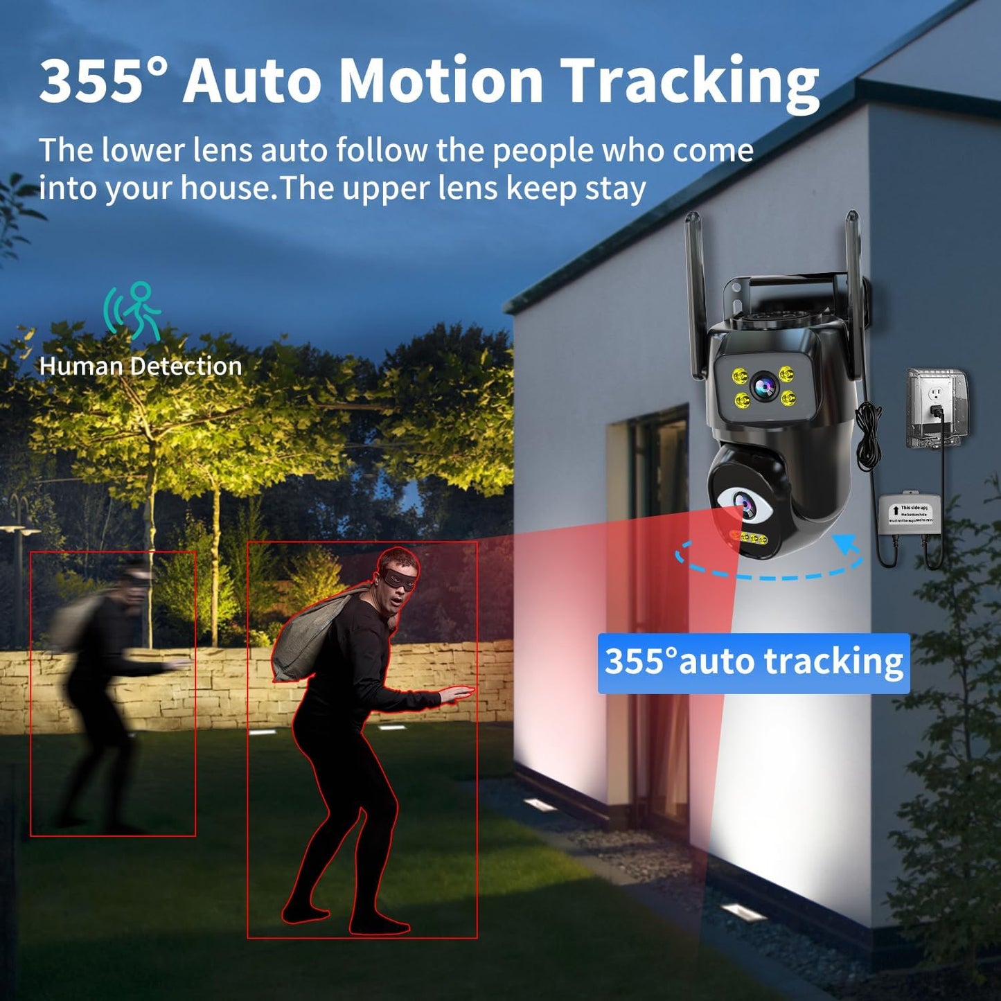 LETSCEE Dual Lens WiFi Security Camera Outdoor, 2.4G/5G PTZ Outdoor Plug-in Camera Auto Tracking,Home Security Surveillance System,WiFi,Night Vision,7/24 Recording