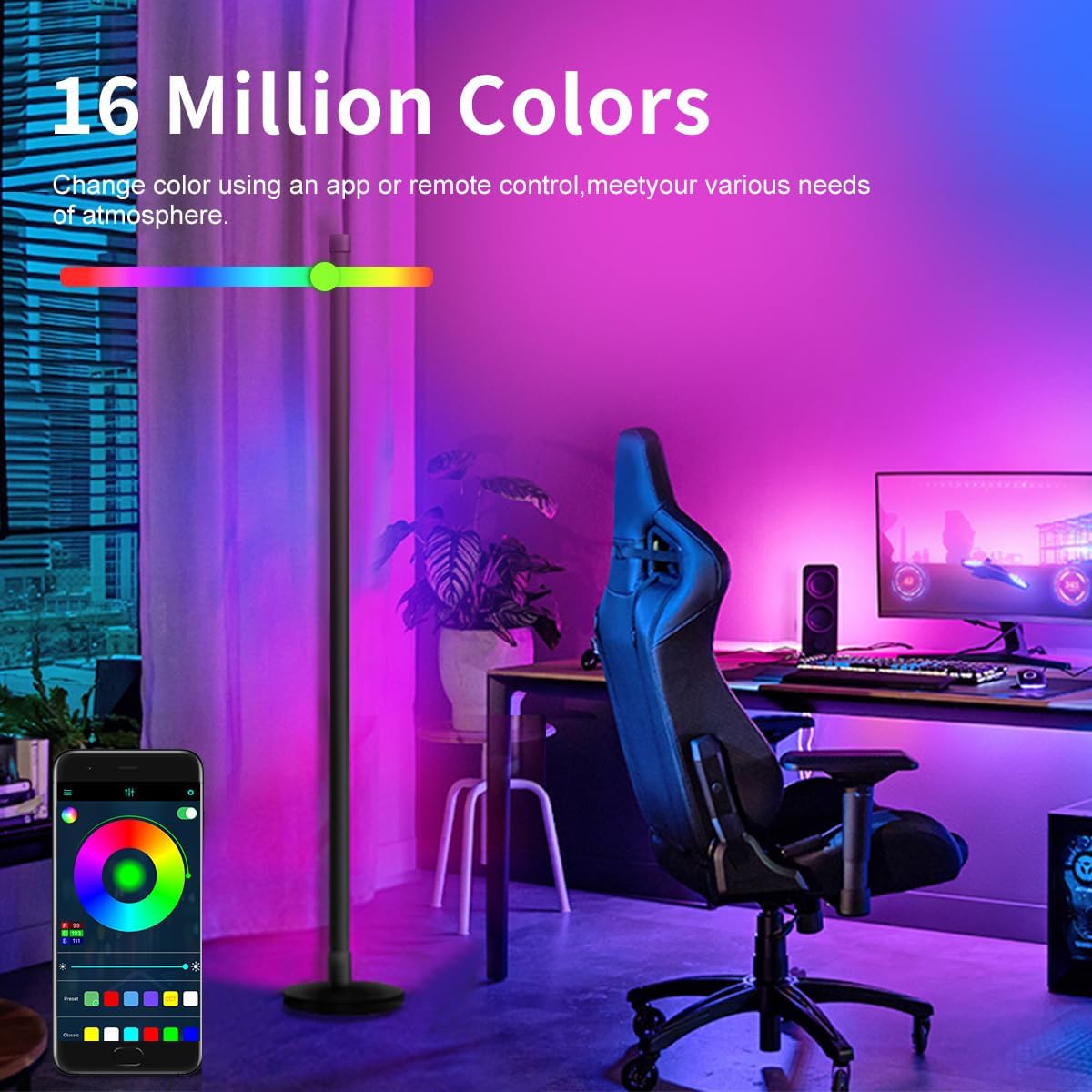 LED Floor Lamp, 63-Inch RGB Corner Light with Music Sync, Smart App Control, 16 Million Colors, Remote Control for Living Room, Bedroom, Gaming Room (2 Pack)