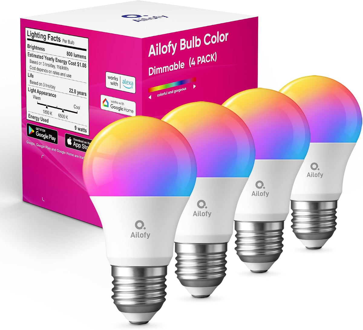 Ailofy LED Light Bulbs, Smart Light Bulbs that Compatible with Alexa & Google Assistant, Color Changing Light Bulb, WiFi Light Bulbs, A19 E26, 9W 800LM, 1800K-6500K Tunable White, 2 Pack