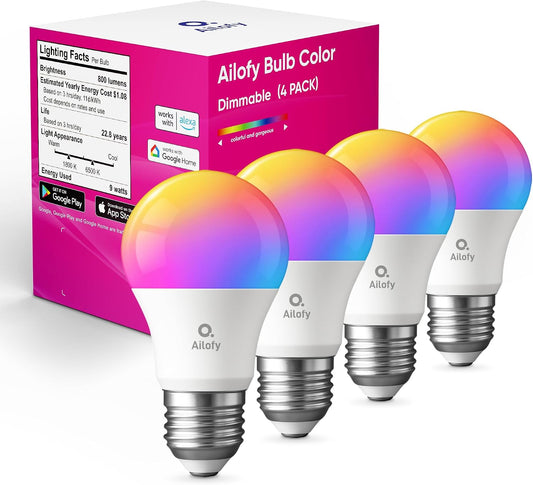 Ailofy LED Smart Light Bulbs, 16M Color Changing Dimmable, Compatible with Alexa & Google Assistant, RGBCW Colored Bulb, WiFi Light Bulbs, A19 E26, 9W 800LM, 1800K-6500K Tunable White, 4 Pack