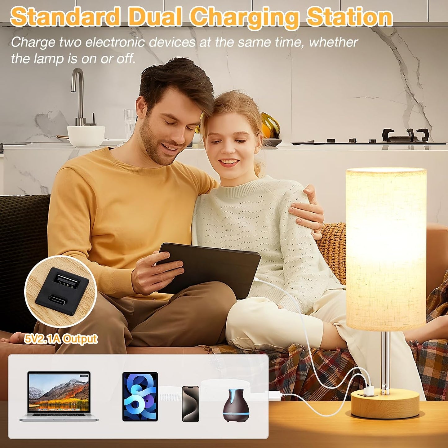 Dicoool Bedside Table Lamp for Bedroom - 3-Way Dimmable Touch Lamp, USB A+C | LED Bulb Included, 14" Small Nightstand Lamp for Desk, Living Room, Guest Room, Cream Fabric Lampshade, Wood-Grain Metal Base