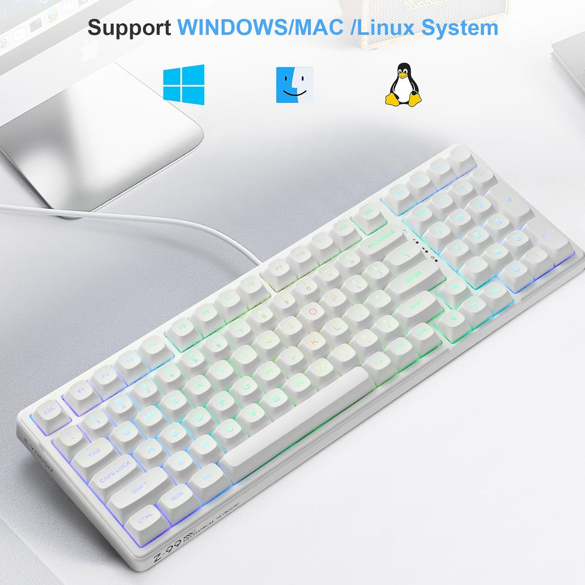 HUO JI E-Yooso Creamy Mechanical Keyboard Wired, RGB Backlit, White | Hot Swappable, Pre-lubed Linear Switches, Gasket Structure, Sound Dampening Foam, 99 Keys Custom Gaming Keyboard for PC/Mac