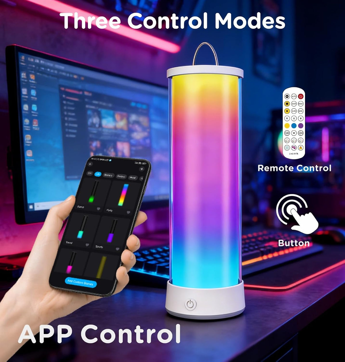 Cordless Table Lamp, RGB 16 Million Colors Rechargeable 1500LM Dimmable APP & Remote Control, Dynamic Sync, Timer & Scene Modes, Portable Ambient LED Light for Outdoor, Gaming Room, White