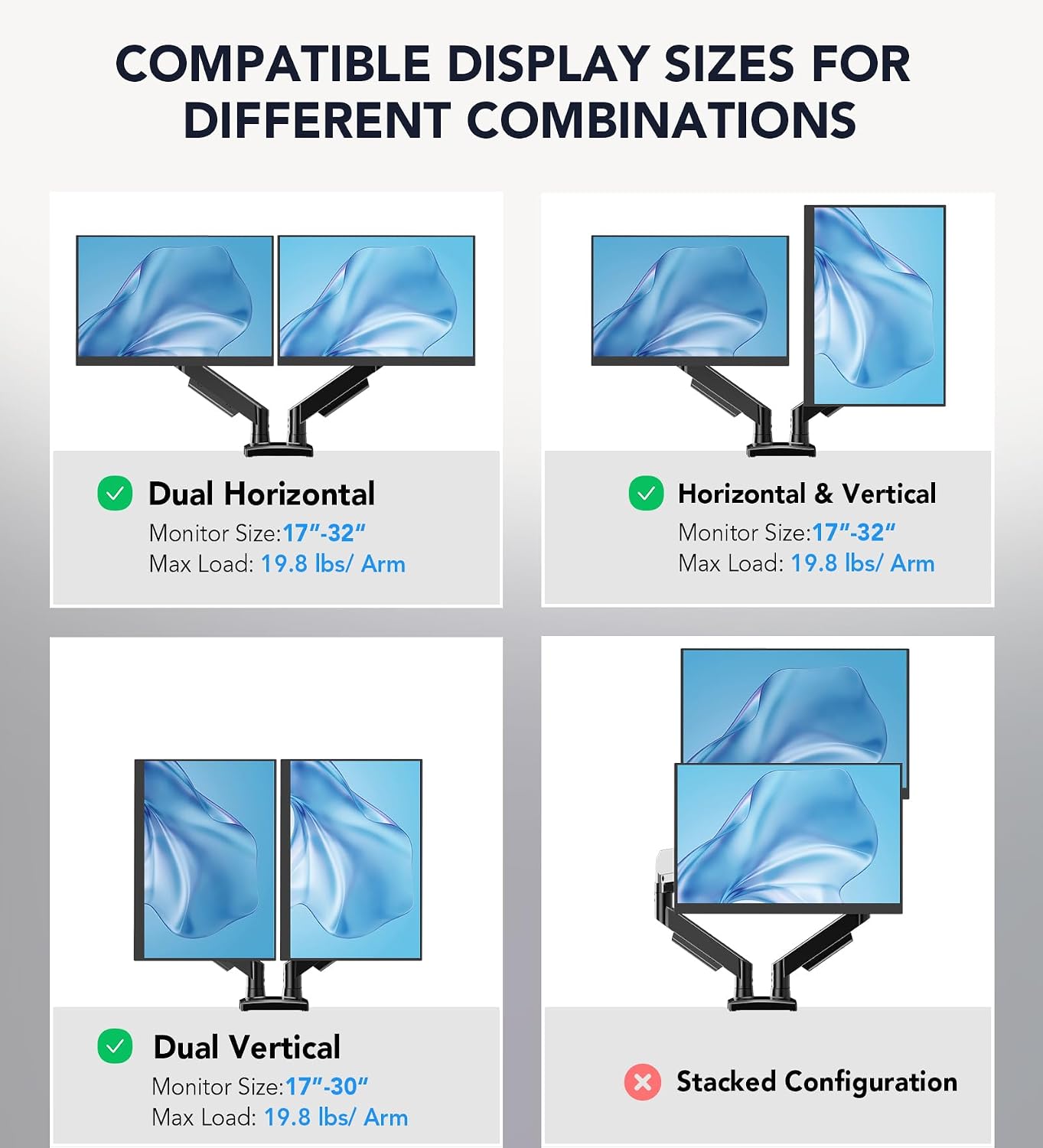 Dual Monitor Stand, Adjustable Monitor Desk Mount for 17″–32″ Computer Screens, Full Motion VESA 75x75/100x100 with C-Clamp & Grommet Aluminum Base, Each Arm Holds 4.4 to 20 lbs AX09DB201