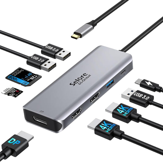 USB C Docking Station Dual HDMI Monitor Adapter 9 in 1 Triple Display Hub | Dual HDMI, Displayport, SD/microSD Card Reader, 2 USB 2.0, 1 USB 3.0, 100W PD, for USB C Thunderbolt 3/4 Laptops