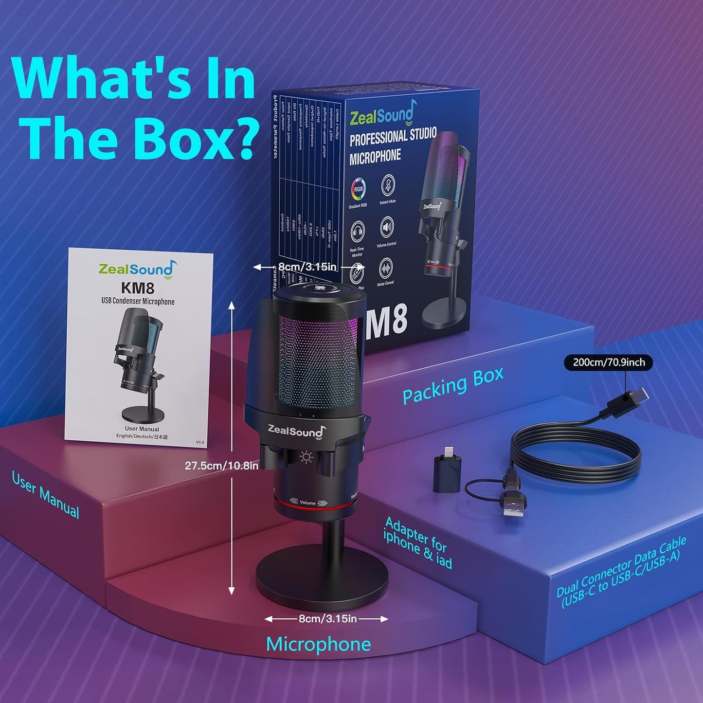 ZealSound USB Microphone for PC Mac iPhone & Android, Podcast Mic with Noise Cancellation, Touch Mute, RGB Light, Volume & Monitor Control, for Streaming Gaming Podcasting ASMR TikTok Discord YouTube
