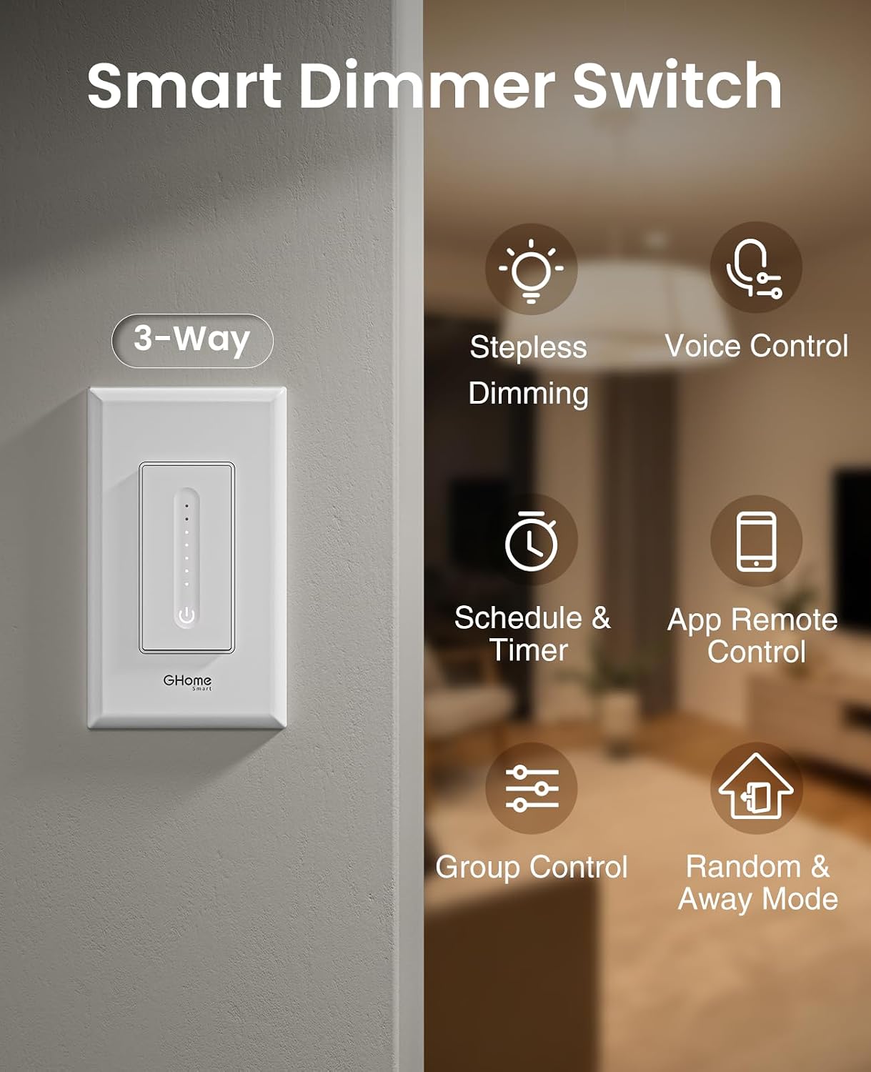 GHome Smart 3 Way Dimmer Switch, Dimmable Light Switch Works with Alexa & Google Home, WiFi 2.4Ghz, Compatible with Traditional 3 Way Switch or Work Seperately, Neutral Wire Required, FCC Certified