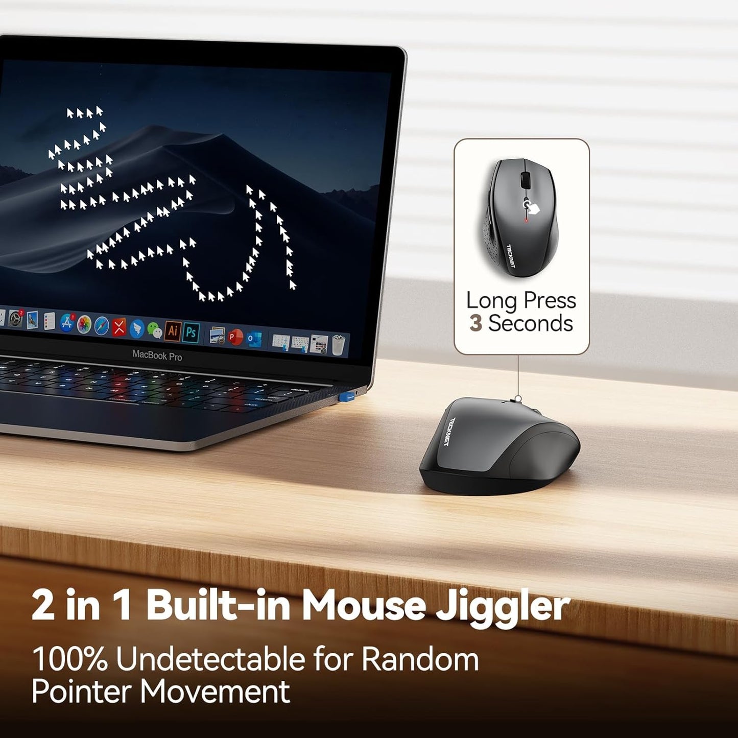 TECKNET Rechargeable Mouse with Jiggler, 2.4G Connection with USB-C Adapter | Type-C Adapter, Mouse Mover, Plug & Play, 3X Faster Charge, Full-size Design, Silent Click